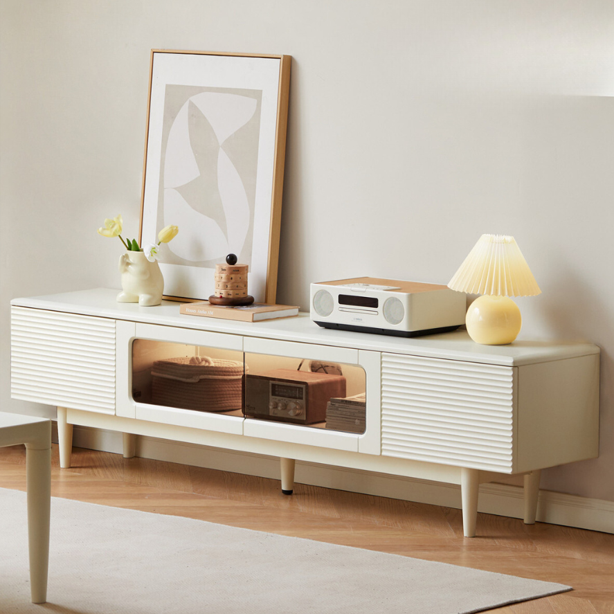 Solid Beech Wood TV Stand with Rock Board - Modern Entertainment Center for Living Room, Home Theater & Media Storage