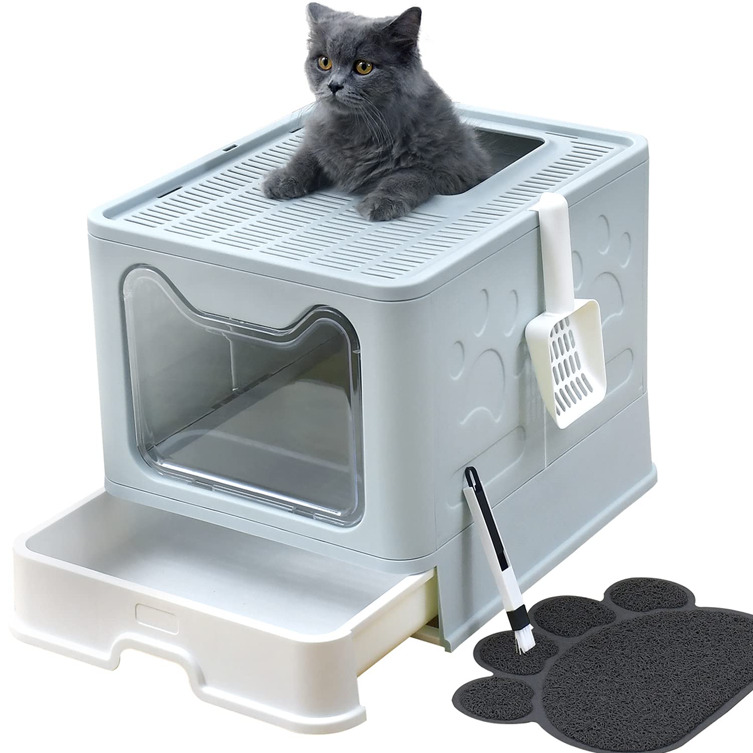 Foldable Cat Litter Box with Lid - Extra Large Covered Litter Box with Scoop & Mat - Easy Clean Enclosed Kitty Litter Pan (Blue) | Perfect for Small Spaces & Odor Control in Apartments