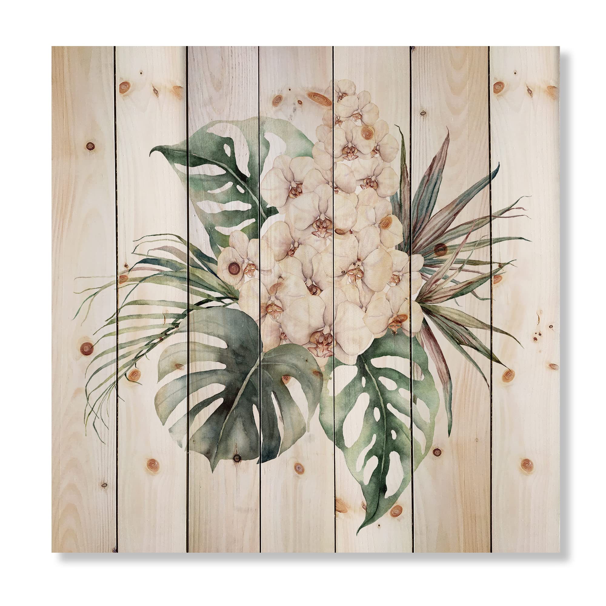 Orchid Monstera Coconut Leaves Wood Wall Decor - Large Floral Pine Wood Art Panel - Traditional Green Wood Wall Hanging for Living Room, Bedroom & Office Decor