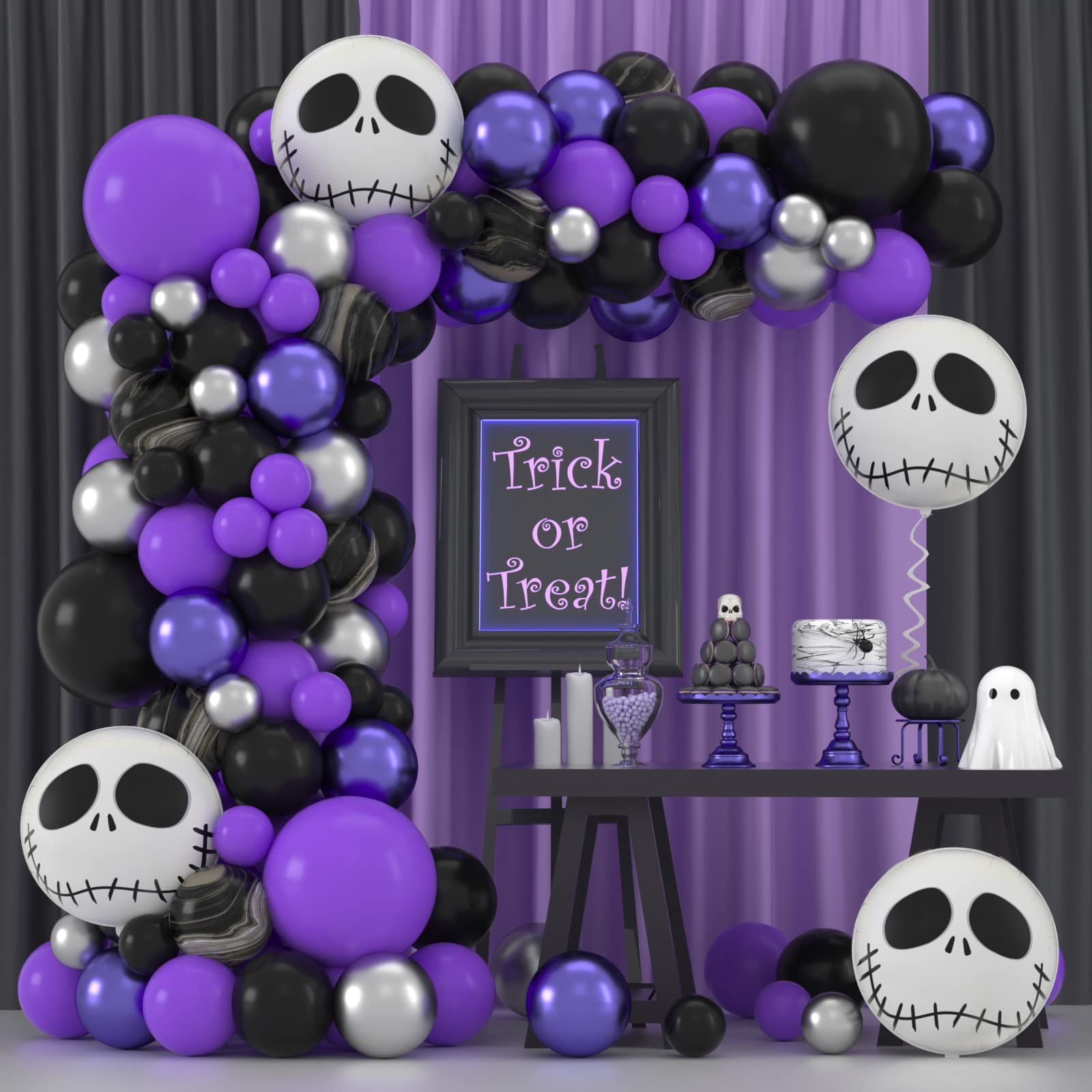 Janinus Halloween Balloons Arch Garland Kit - 130PCS Black Purple Silver Balloons (18/12/5 Inch) with Marble & Scary Skull Foil Balloons | Spooky Party Decor for Halloween, Haunted House, Birthday & Fall Festival Decorations