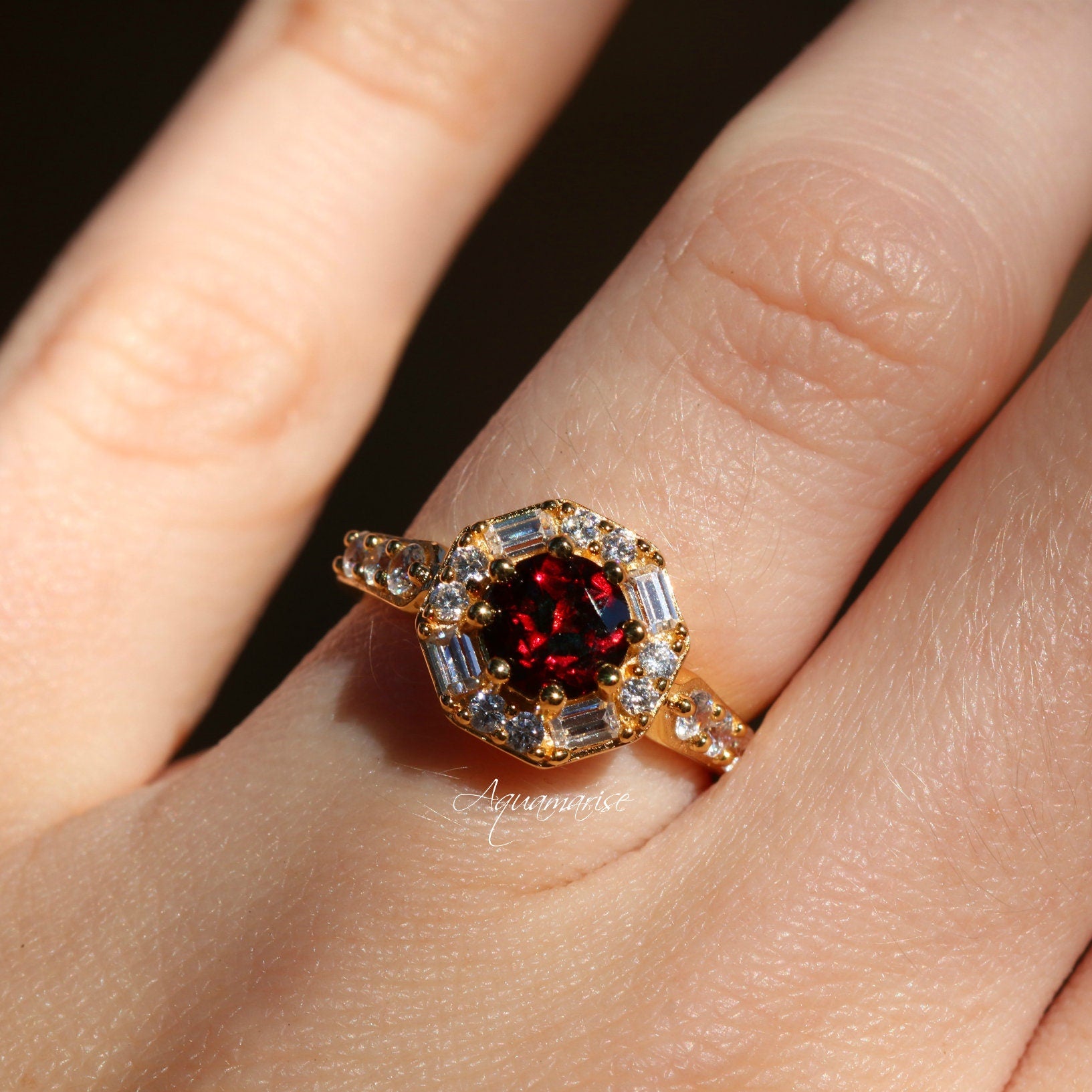 Hexagon Garnet Ring 14K Yellow Gold Vermeil - Elegant Geometric Jewelry for Women, Perfect for Weddings, Anniversaries & Special Occasions
