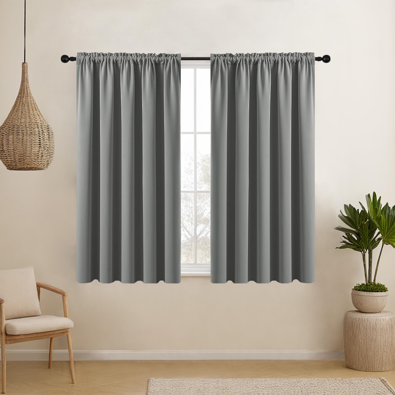 Blackout Curtains for Small Windows - Thermal Insulated Room Darkening Drapes with Rod Pocket, Light Grey (52x45 Inch, Set of 2 Panels) - Perfect for Bedroom, Living Room & Home Theater