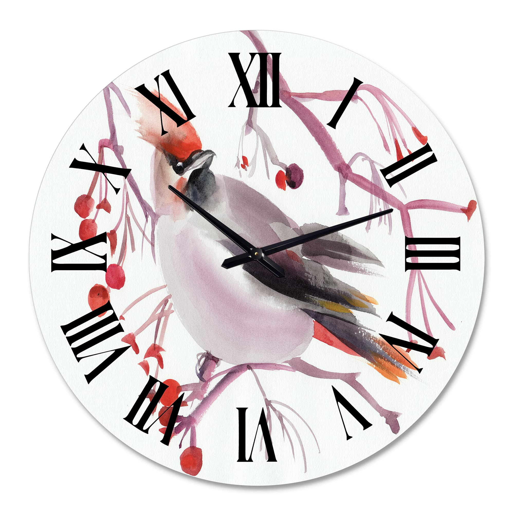 DesignQ Traditional Wall Clock 'Waxwing Bird On A Branch' - Large Animal-Themed Wall Clock for Kitchen, Living Room, Bedroom & Office Decor - Silent Non-Ticking Home Décor