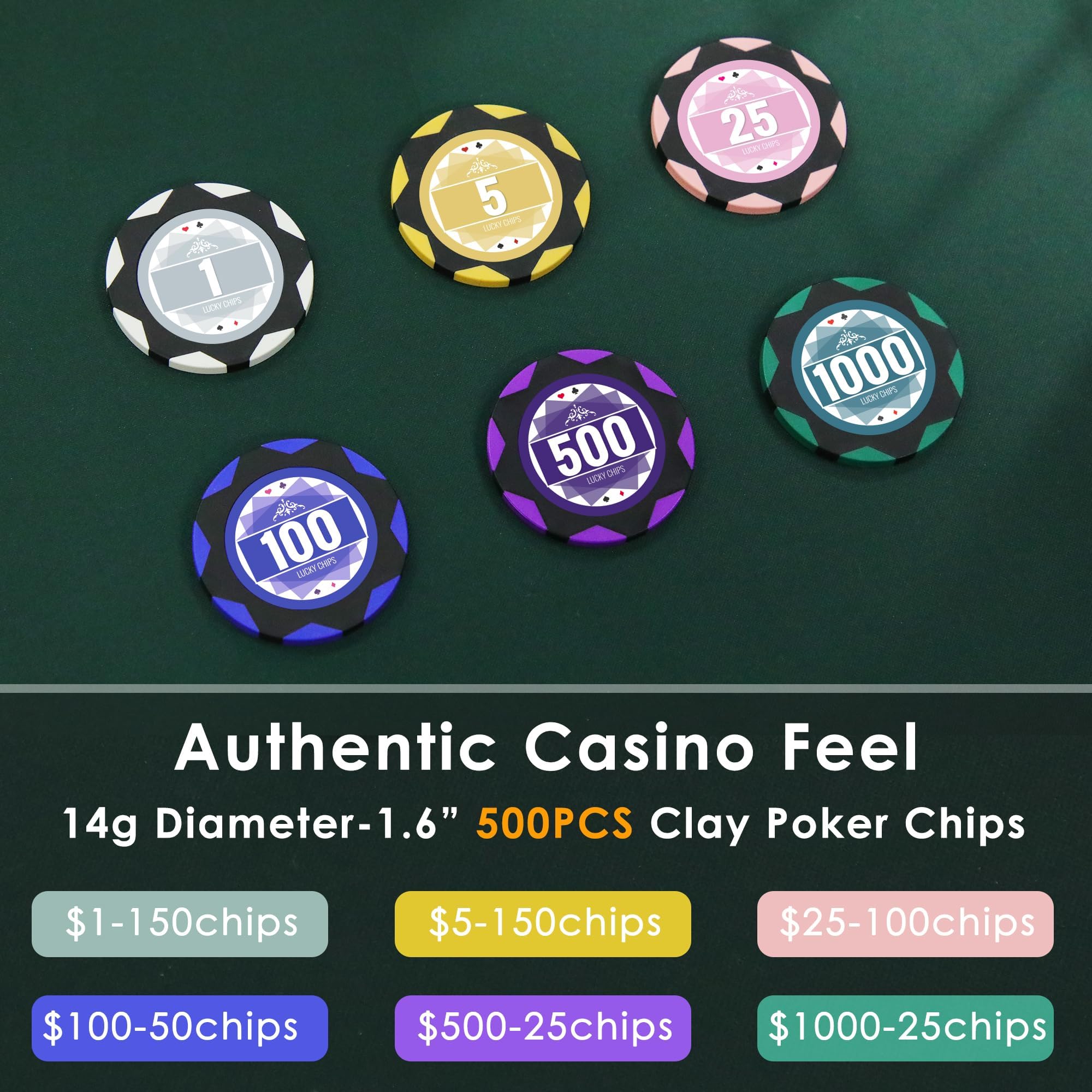 ORIENGEAR 500-Piece 14g Clay Poker Chip Set with Numbered Denominations - Includes 2 Decks of Plastic Playing Cards & Golden Case - Perfect for Texas Hold'em, Blackjack, Casino Nights & Home Poker Games