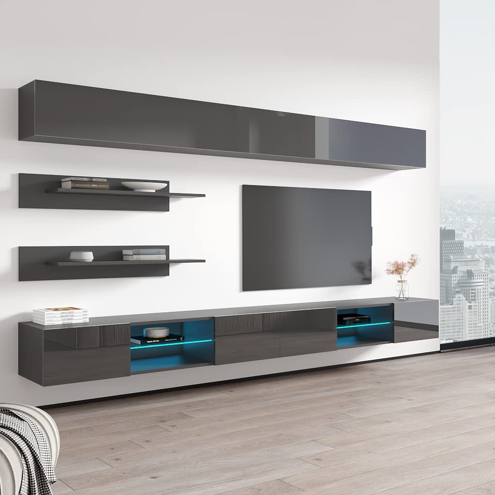 Modern Gray Wall-Mounted TV Stand with Storage Shelves & LED Lights - Floating Entertainment Center Console for Living Room & Bedroom - Perfect for Small Spaces & Home Theater Setups