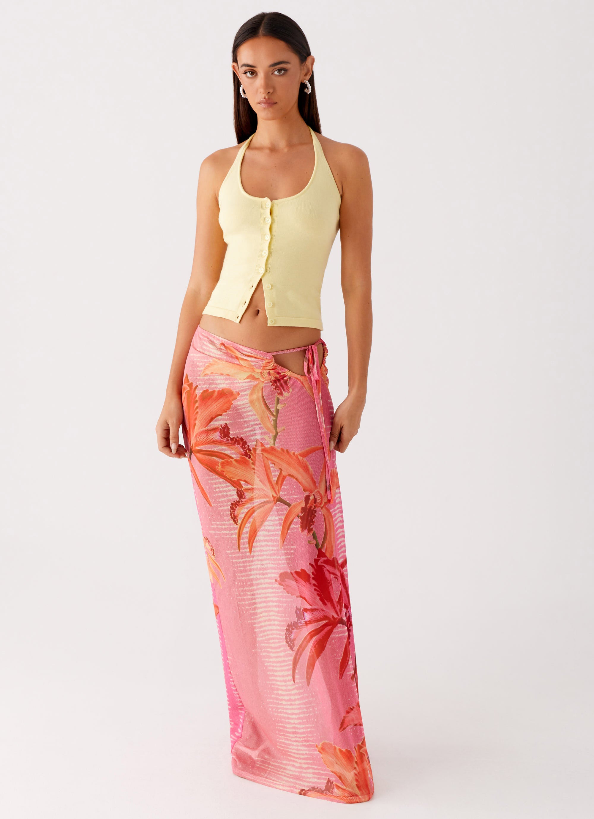Jovani Women's Maxi Skirt - Tropical Pink Floral Print Long Skirt for Summer Beach Vacation & Party Wear
