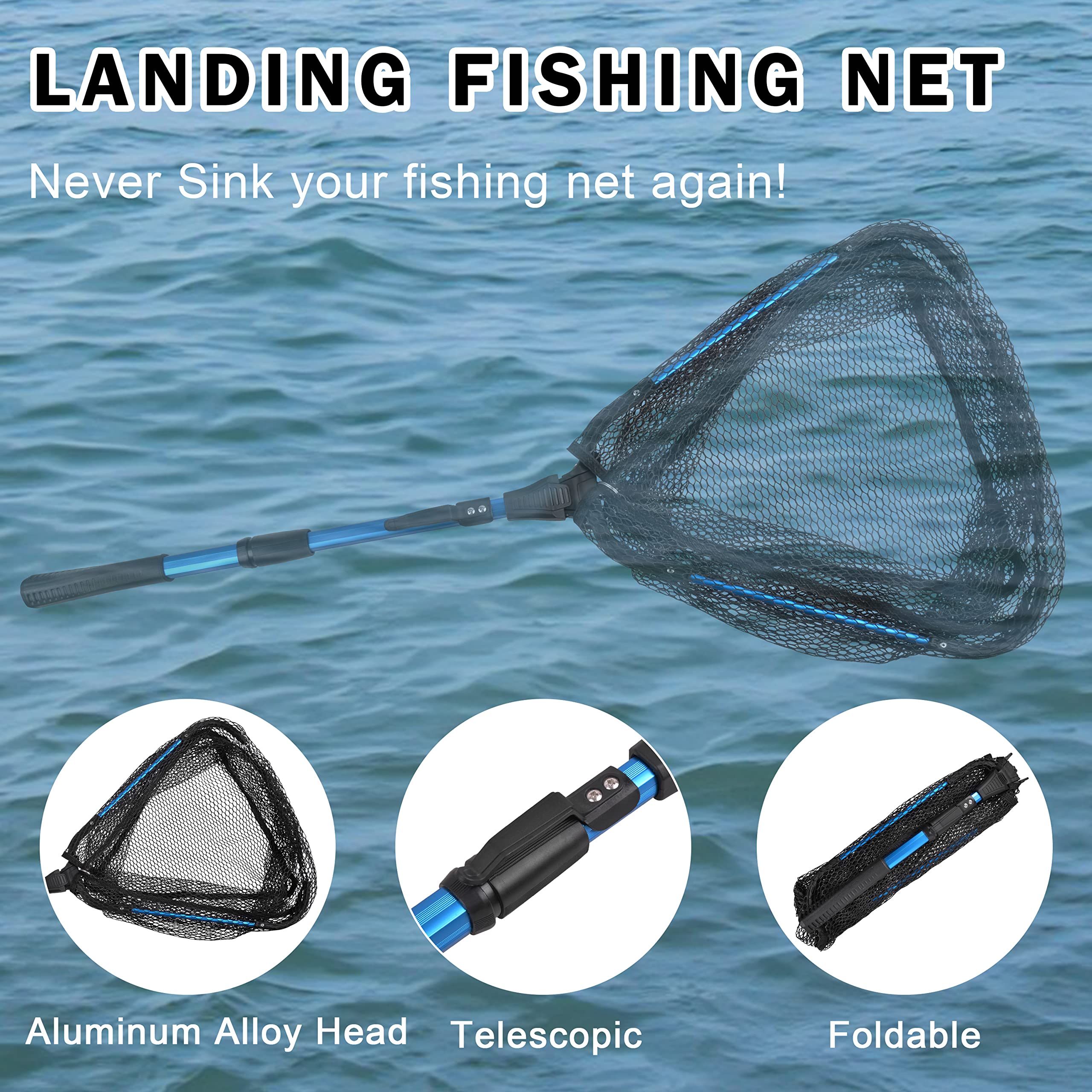 **Collapsible Fishing Landing Net with Telescopic Handle - Floating Rubber Mesh for Kayak, Boat, Saltwater & Freshwater - Safe Fish Catch & Release for Anglers & Outdoor Enthusiasts**    *(Perfect for Kayak Fishing, Boat Trips, Catch-and-Release Practices & Outdoor Adventures)*