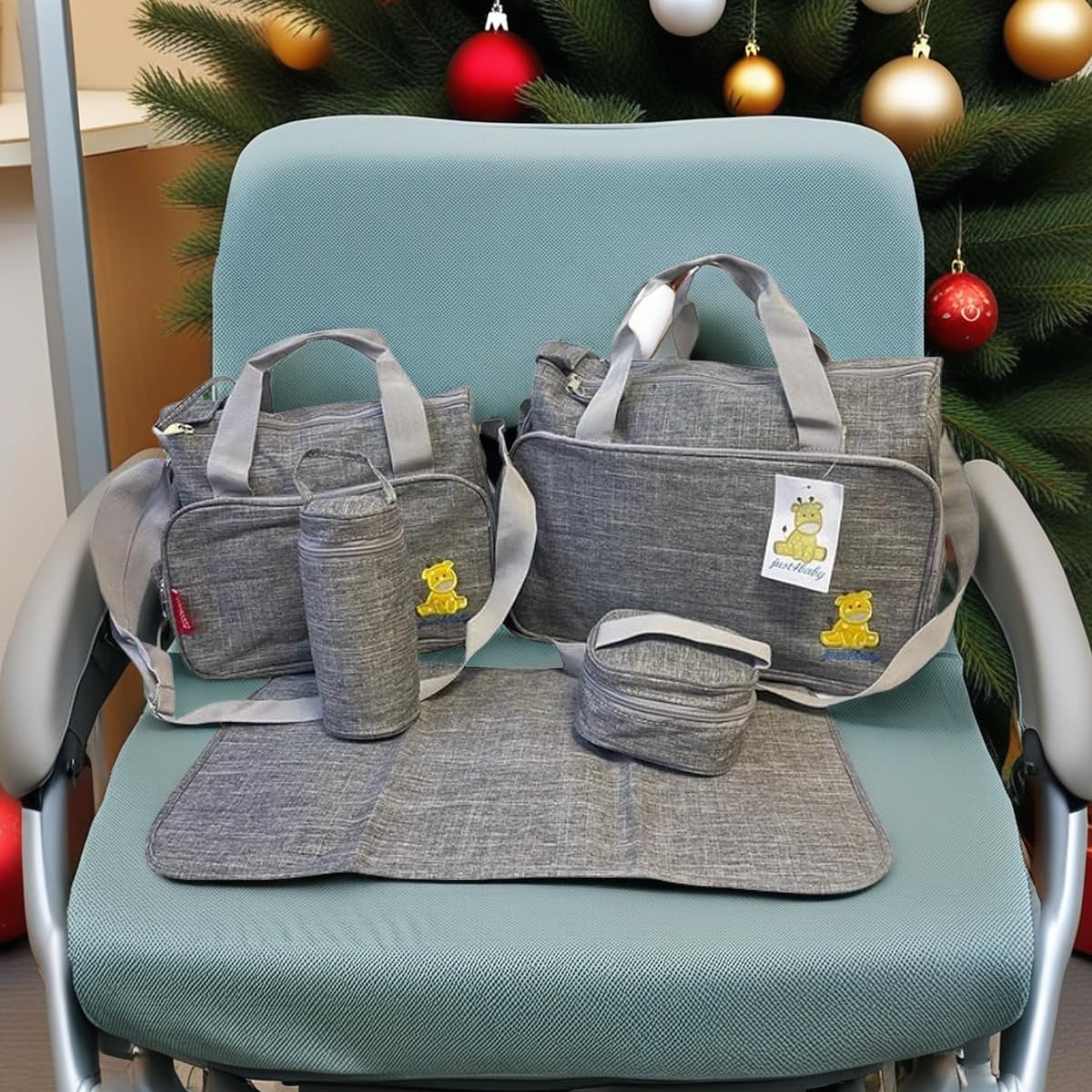 Just4baby 5pcs Waterproof Diaper Changing Bags - Grey Large Set with Multi Sections for Baby Care & Travel