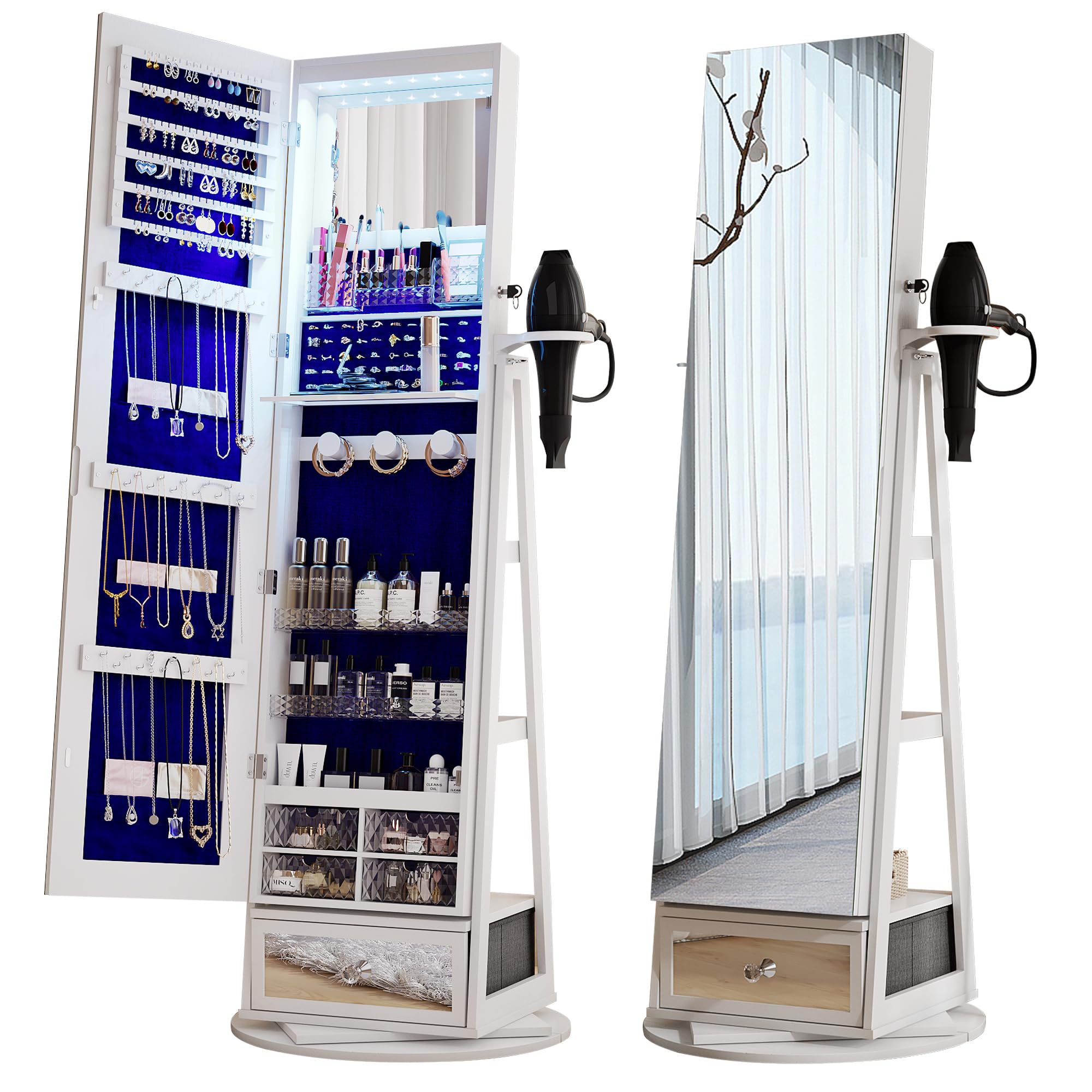 HWB Full-Length Mirror with Jewelry Storage & LED Lights - 360° Swivel Standing Jewelry Cabinet Organizer with Foldable Makeup Shelf - White | Bedroom Vanity, Dressing Room & Closet Organization Solution