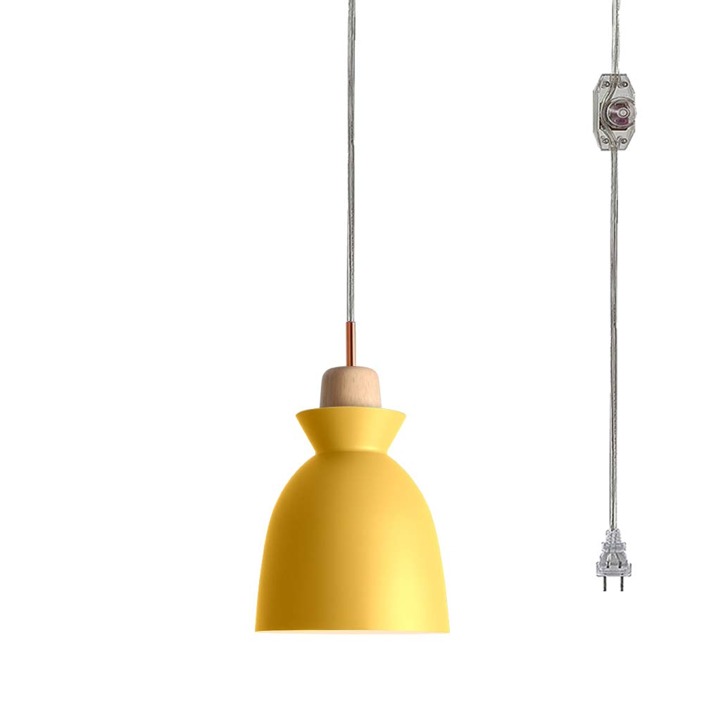 Vintage Wooden Handle Plug-in Pendant Light with 15ft Cord & UL Dimmer Switch - Macaron Yellow Lampshade for Dining Room, Kitchen Island, Bedroom - Loft Style Hanging Lamp (Bulbs Not Included)
