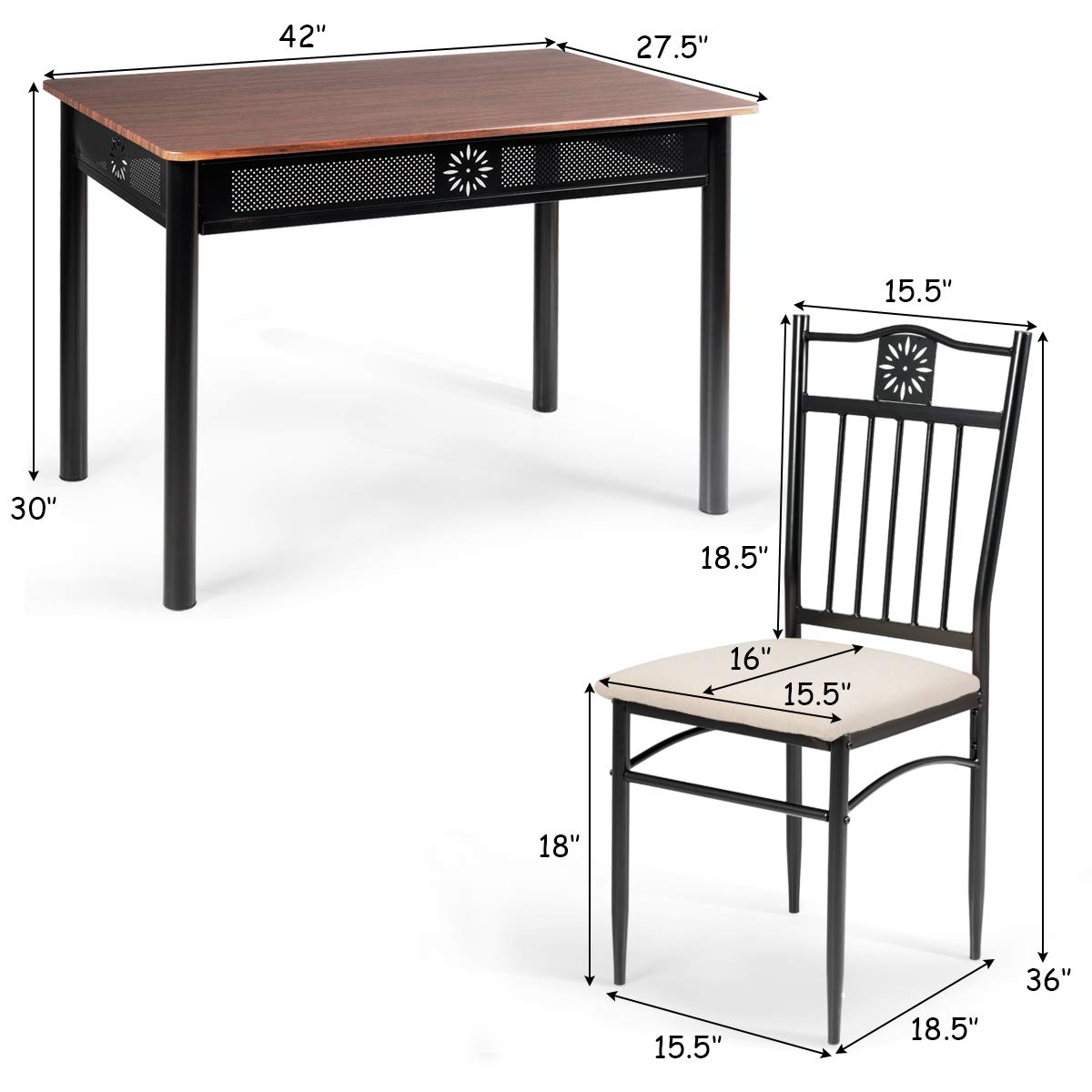 Tangkula 5-Piece Vintage Dining Set - Retro Wood Table with Metal Frame & Padded Chairs - Kitchen & Dining Room Furniture for Small Spaces, Apartments, Breakfast Nooks & Cozy Family Meals