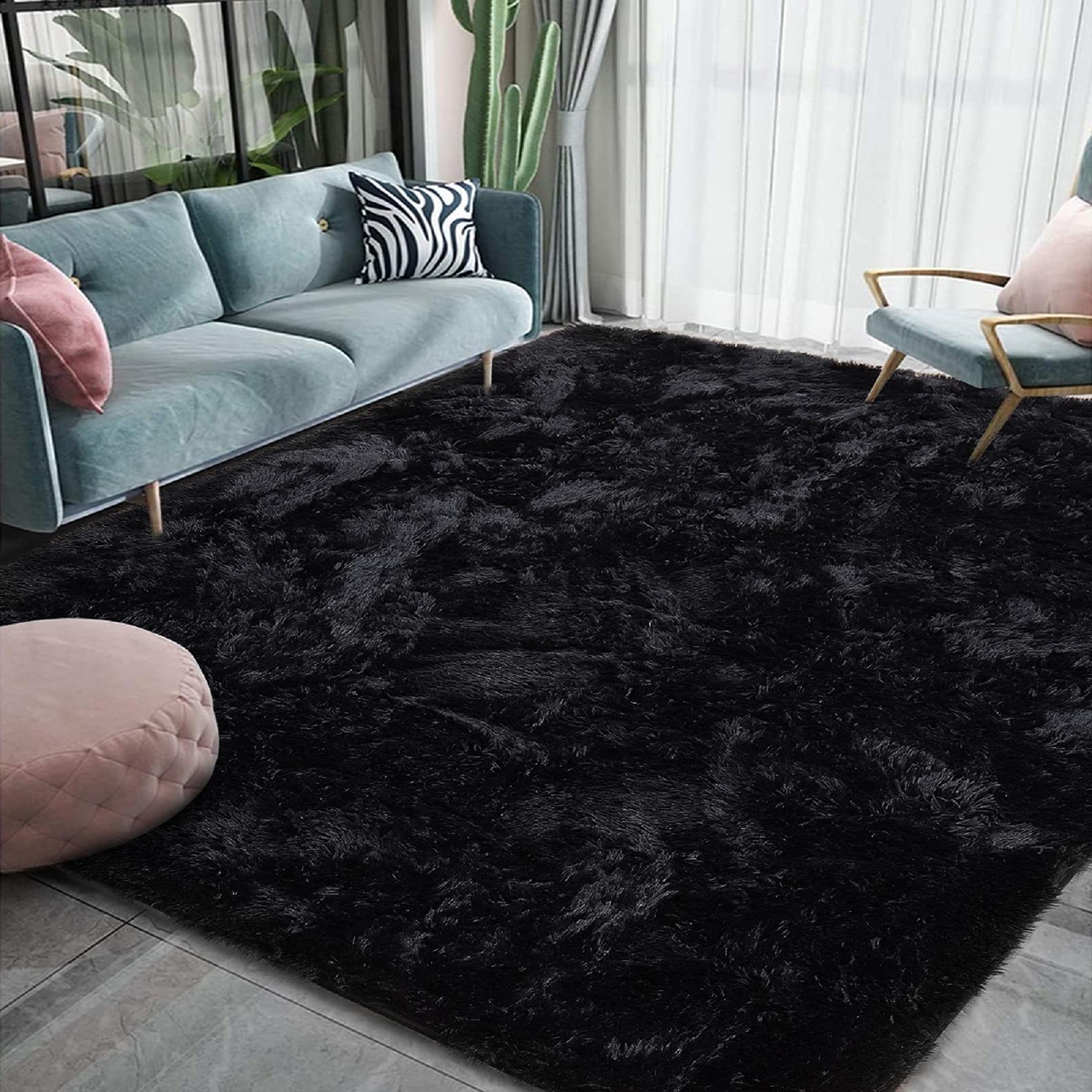 HOMORE 5x8 Fluffy Shag Area Rug - Super Soft Black Modern Carpet for Living Room, Bedroom & Kids Room | Indoor Home Decor | Cozy Floor Mat for Family Gatherings, Movie Nights & Playtime