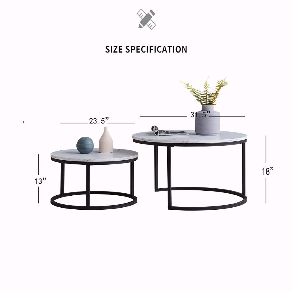 Modern Round Nesting Coffee Table Set of 2 - Metal Frame & Wood Tabletop Accent Side Tables for Living Room - White/Black - Perfect for Small Spaces, Sofa Side & Coffee Table Use