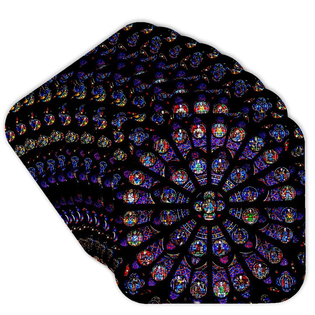 3D Rose Notre Dame Cathedral Paris South Rose Window Soft Coasters Set of 4 - Multicolor Non-Slip Drink Coasters for Home, Office, Bar & Party Decor