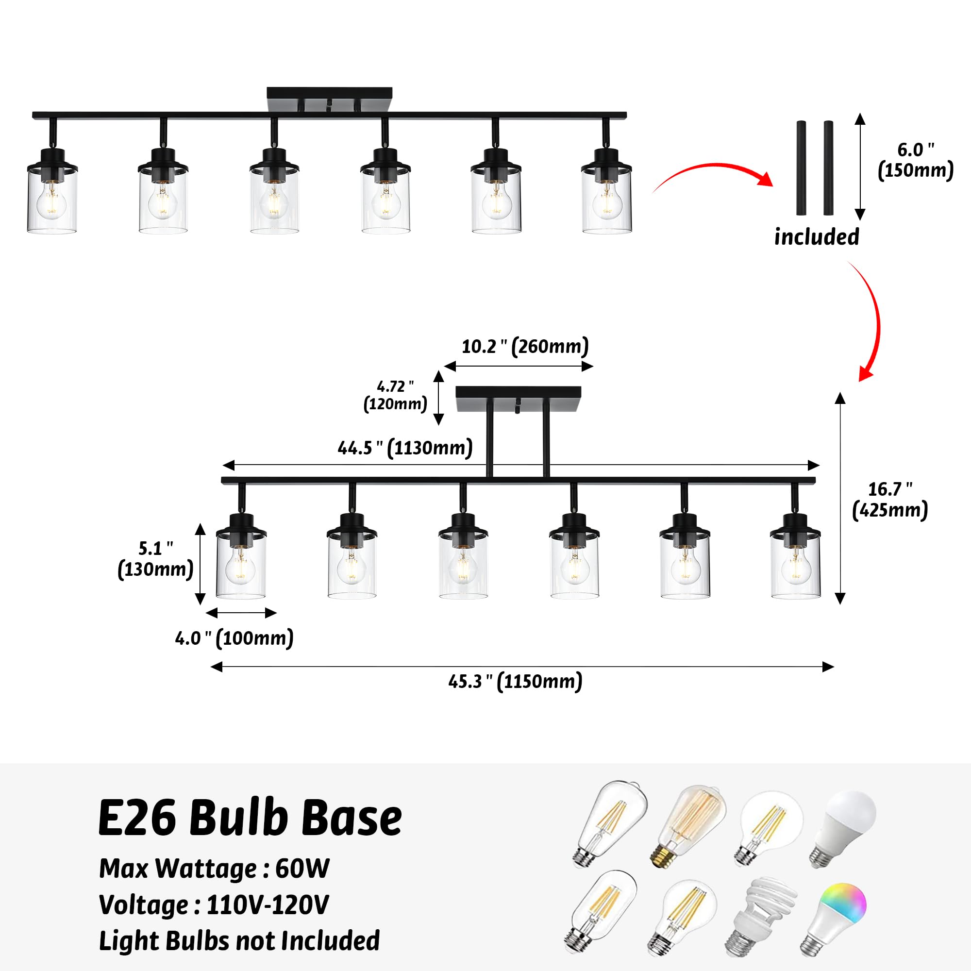 6-Light Black Industrial Track Lighting Kit with Rotatable Heads & Clear Glass Shades - Perfect for Bathroom Vanity, Kitchen Ceiling, and Over Mirror Lighting