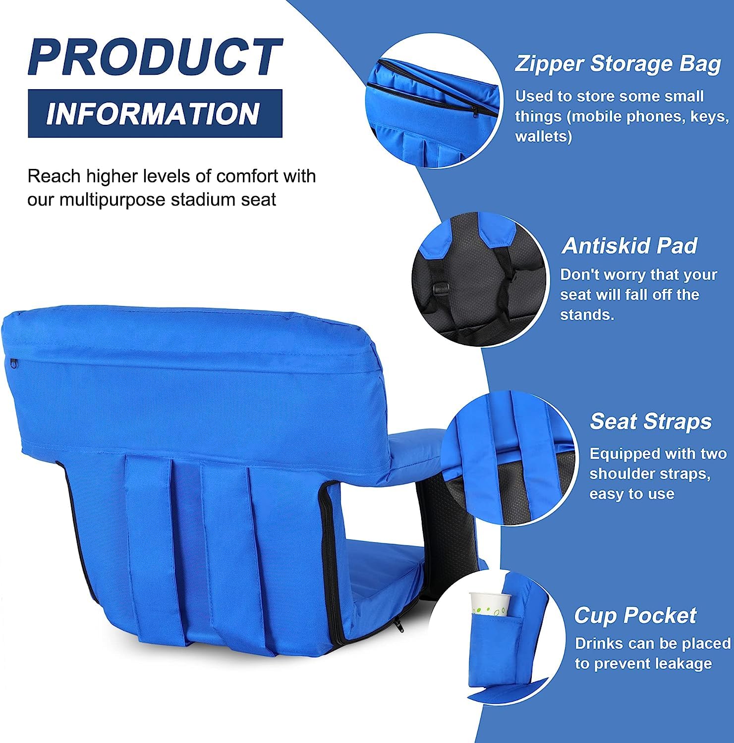 2 Pack Wide Stadium Seats with Back Support - Reclining Camping Chairs for Adults, Extra Thick Cushion & Waterproof Design (Black) - Perfect for Outdoor Sports, Concerts, and Picnics