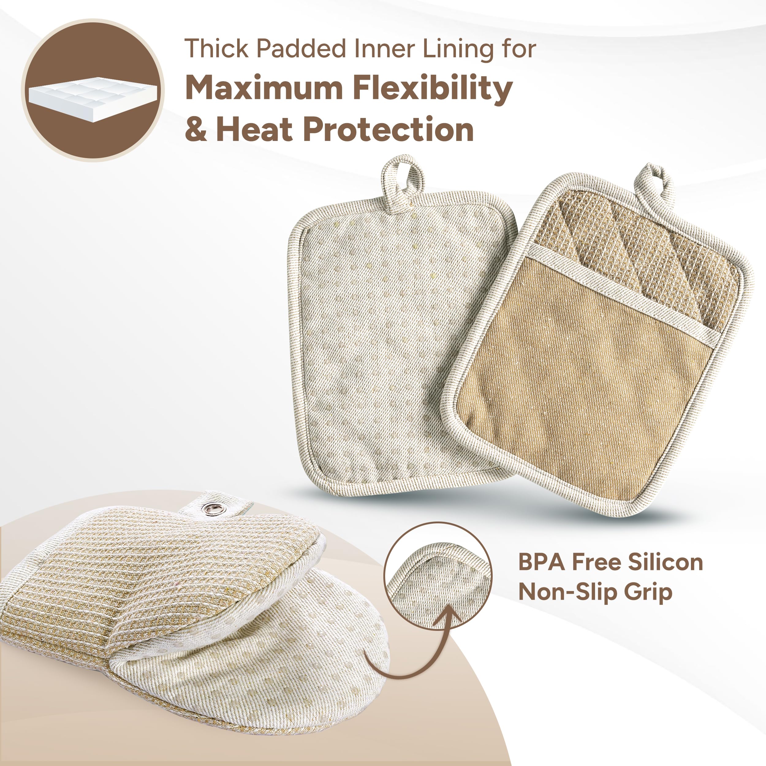 Premium 4-Piece Mini Oven Mitts & Silicone Pot Holders Set - Heat Resistant Up to 500°F for Cooking, Baking & BBQ - Non-Slip Kitchen Hot Pads - Machine Washable Beige - Perfect for Grilling, Baking Cookies & Handling Hot Pots