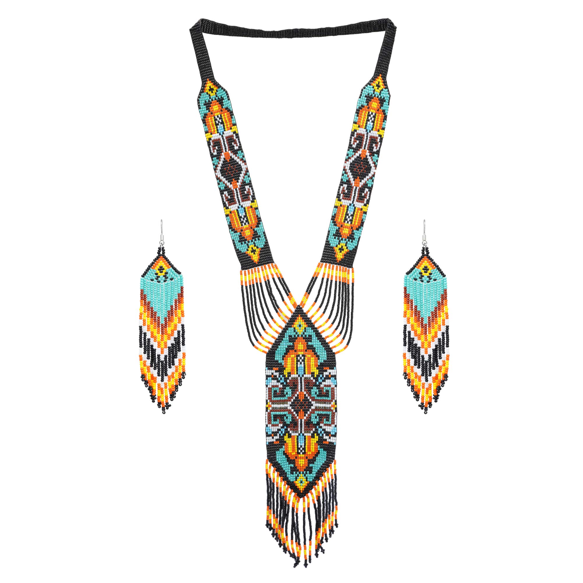 Handmade Multi Strand Beaded Necklace and Earrings Set - Boho Tribal Statement Jewelry for Women & Girls | American/African Inspired Beaded Jewelry | Perfect for Festivals, Weddings and Boho Fashion