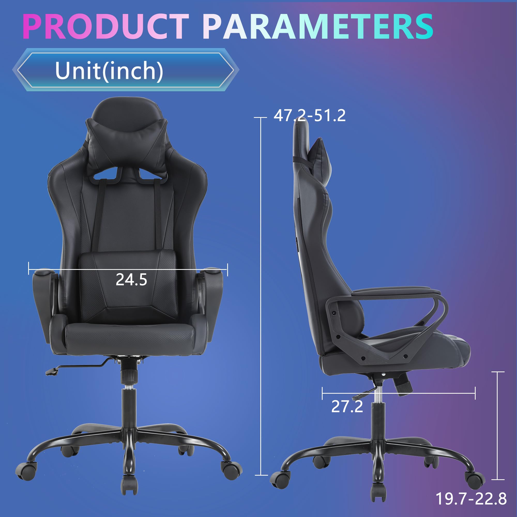Ergonomic Gaming Chair with Adjustable Lumbar Support & Headrest - 360° Swivel Racing Office Chair with PU Leather & Armrests for Computer Desk - Comfortable Task Chair for Adults, Men & Women with Back Pain - Perfect for Home Office, Gaming Setup & Workstation (Black)