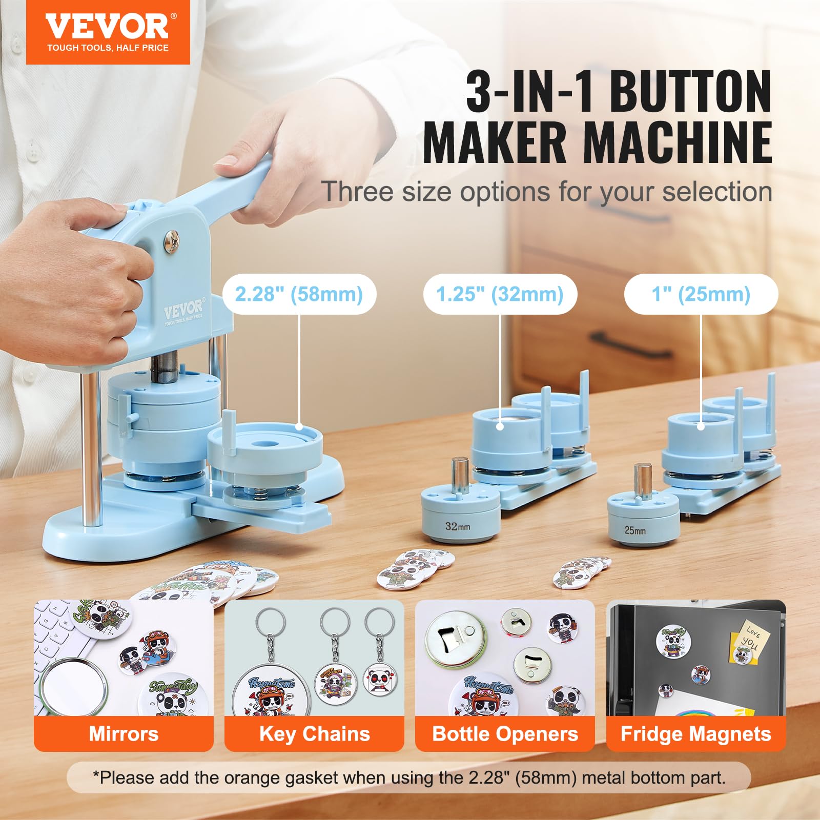 VEVOR 3-in-1 Button Maker Machine Kit - 1/1.25/2.28 Inch (25/32/58mm) Pin Badge Press with 300pcs Button Parts & Panda Magic Book - Ergonomic Arc Handle Punch Press for DIY Crafts, School Projects, Party Favors and Kids Gifts (Blue)