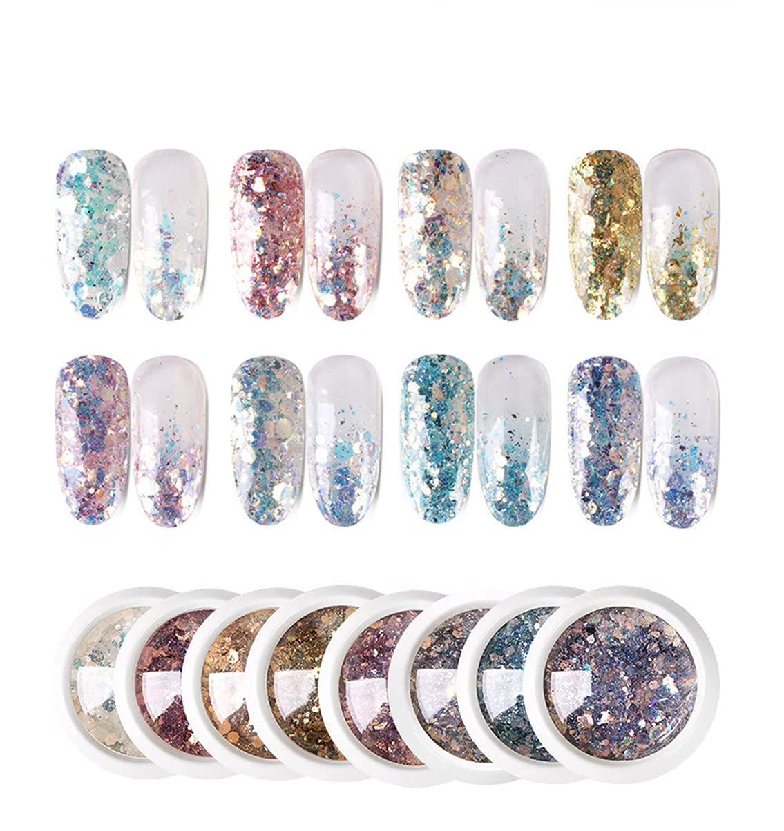 8 Colors Iridescent Nail Glitter Flakes Set - 70g Chunky Sequin Mixed Flakes for Nail Art, DIY Manicure & Pedicure - Shimmering Rainbow Glitter for Acrylic Nails, Gel Polish & Salon Designs