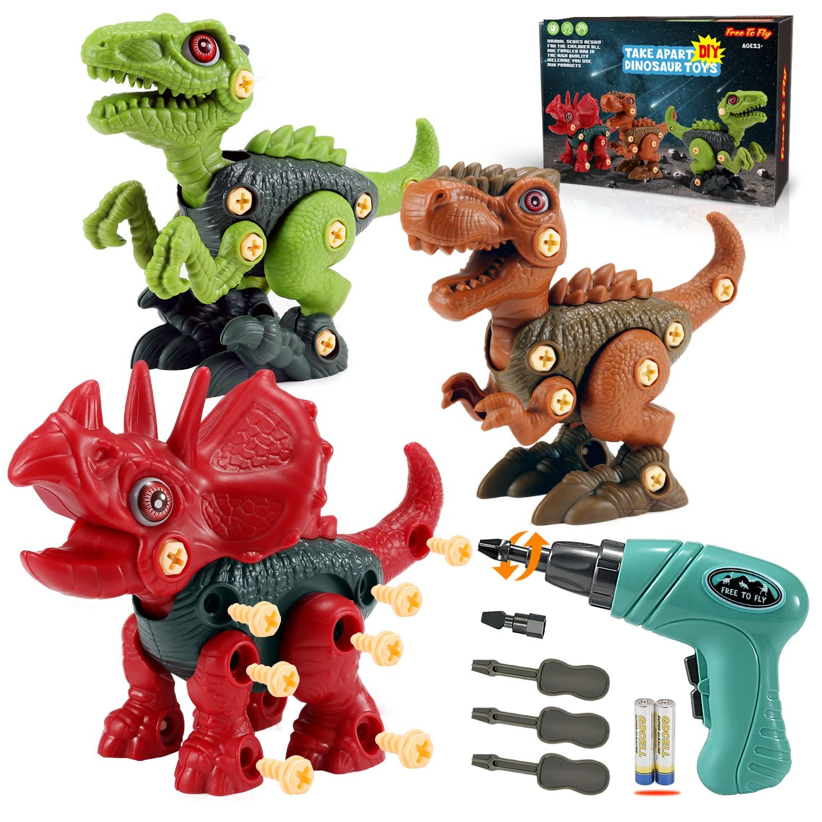 FREE TO FLY Dinosaur Building Toys with Electric Drill - STEM Learning Educational Take Apart Dino Set for Kids Ages 3-8 | Perfect Birthday Gift for Boys & Girls | Fun Pretend Play & Early Childhood Development Activity