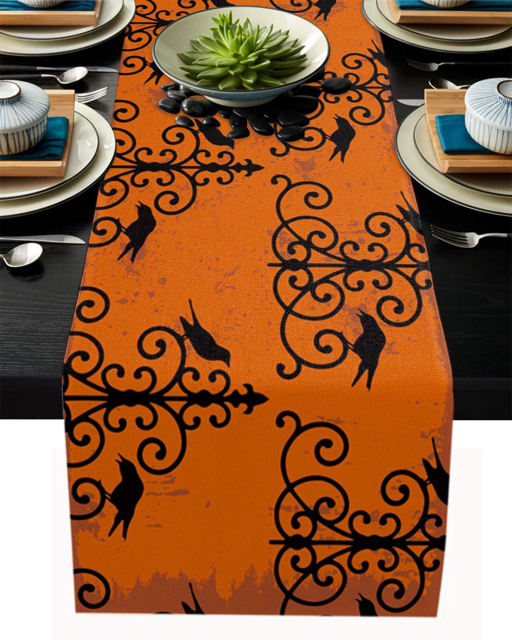 T&H XHome 108-Inch Washable Linen Burlap Table Runner - Halloween Black Crow & Orange Design for Farmhouse, Kitchen, Wedding & Party Decor | Perfect for Dining Tables, Dressers & Wall Lamps