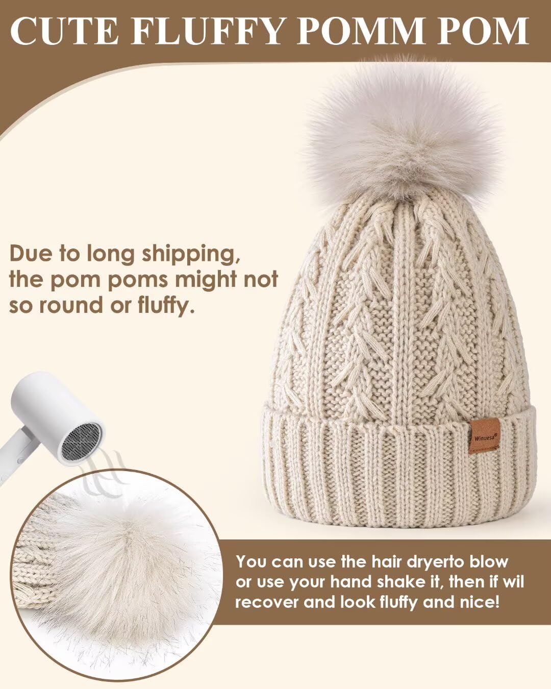 Winuesa Women's Satin Lined Beanie with Pom Pom - Fashionable Winter Knit Hat, Soft Silk Lined Skull Cap for Warmth & Style | Perfect for Cold Weather, Outdoor Activities & Casual Outfits