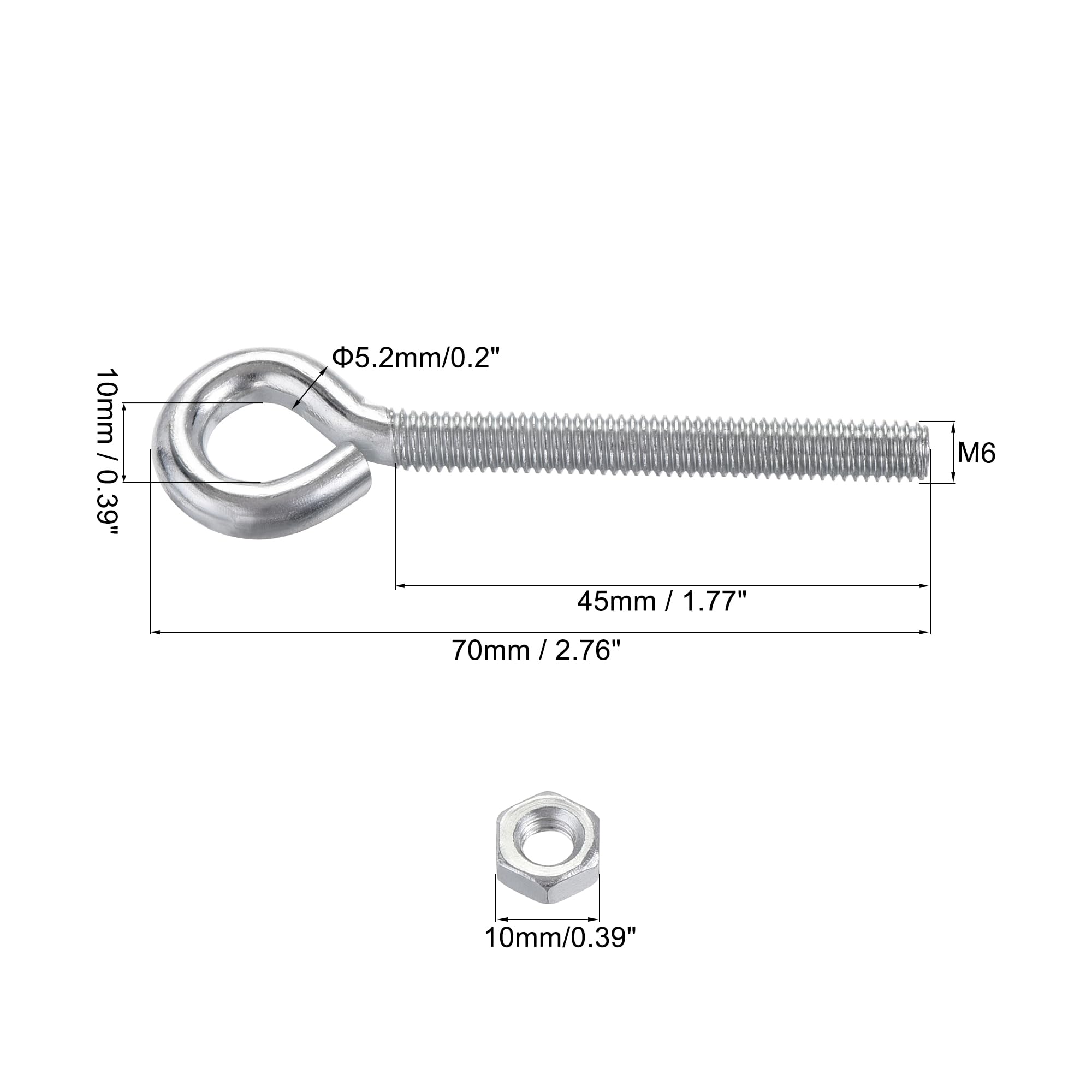 uxcell M6x50mm Eye Hooks Screws Bolts Kit - 10pcs Carbon Steel Hanger Eyelet Hooks with Hex Nuts - Heavy Duty Metal & Wood Terminal Ring Hooks for Hanging Plants, Shelves, and DIY Projects