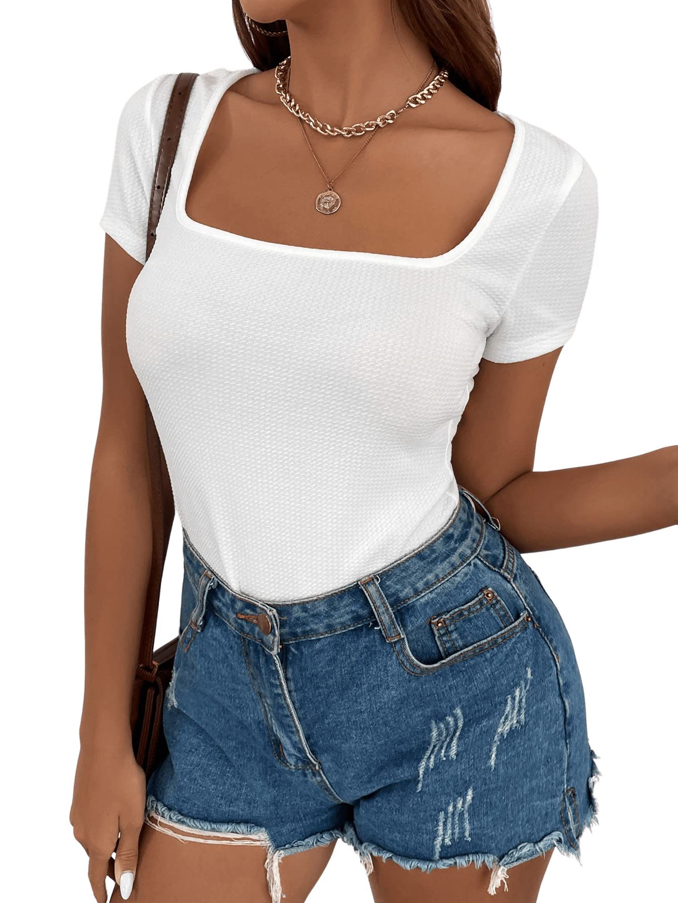 SheIn Women's Casual Square Neck Short Sleeve Waffle Knit T-Shirt - Slim Fit Comfortable Cotton Top for Everyday Wear, Work & Weekend Outfits