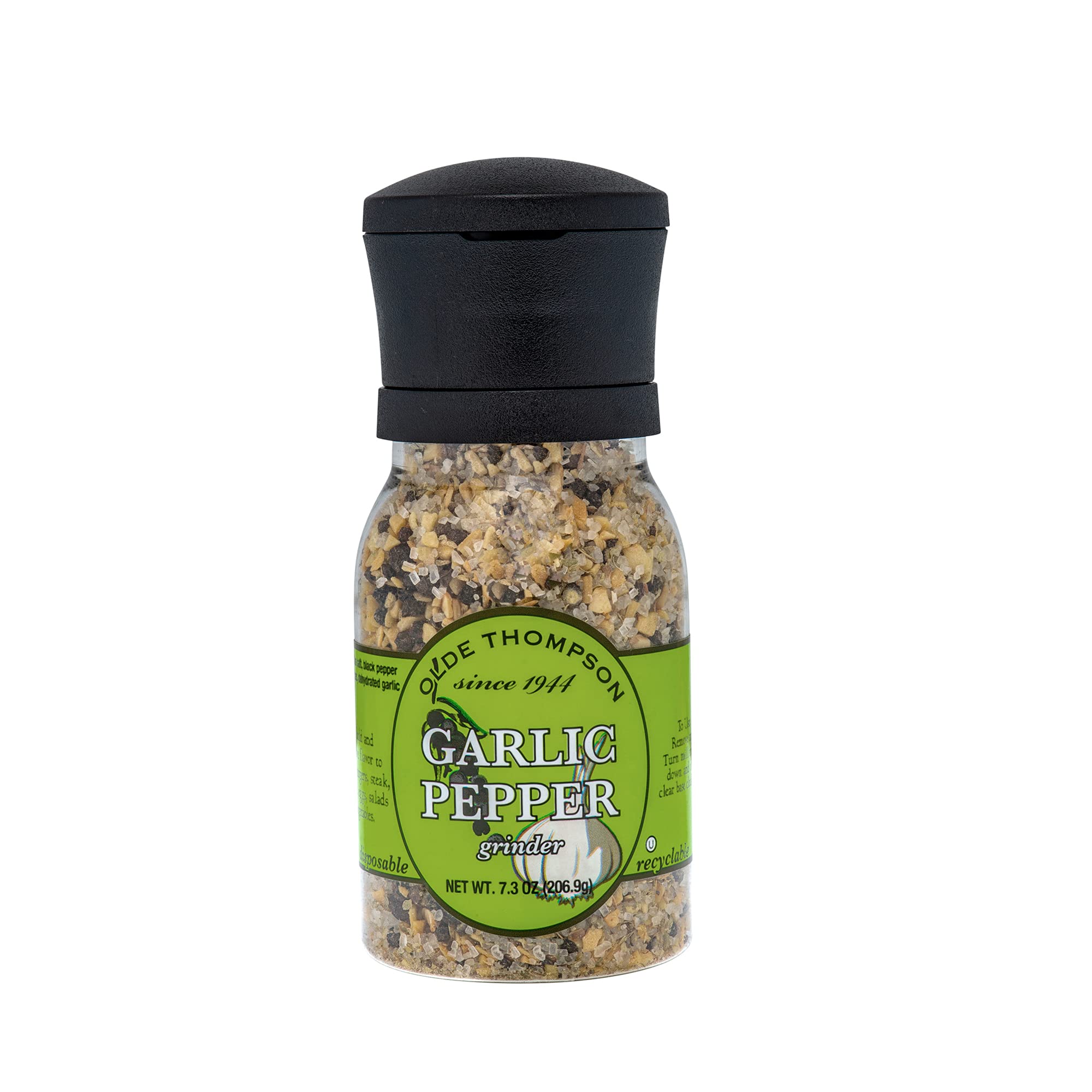 Olde Thompson Garlic Pepper Grinder - Premium Whole Black Pepper, Garlic & Sea Salt Blend, 7.3 oz - Perfect for Grilling, Seasoning Steaks & Enhancing Pasta Dishes