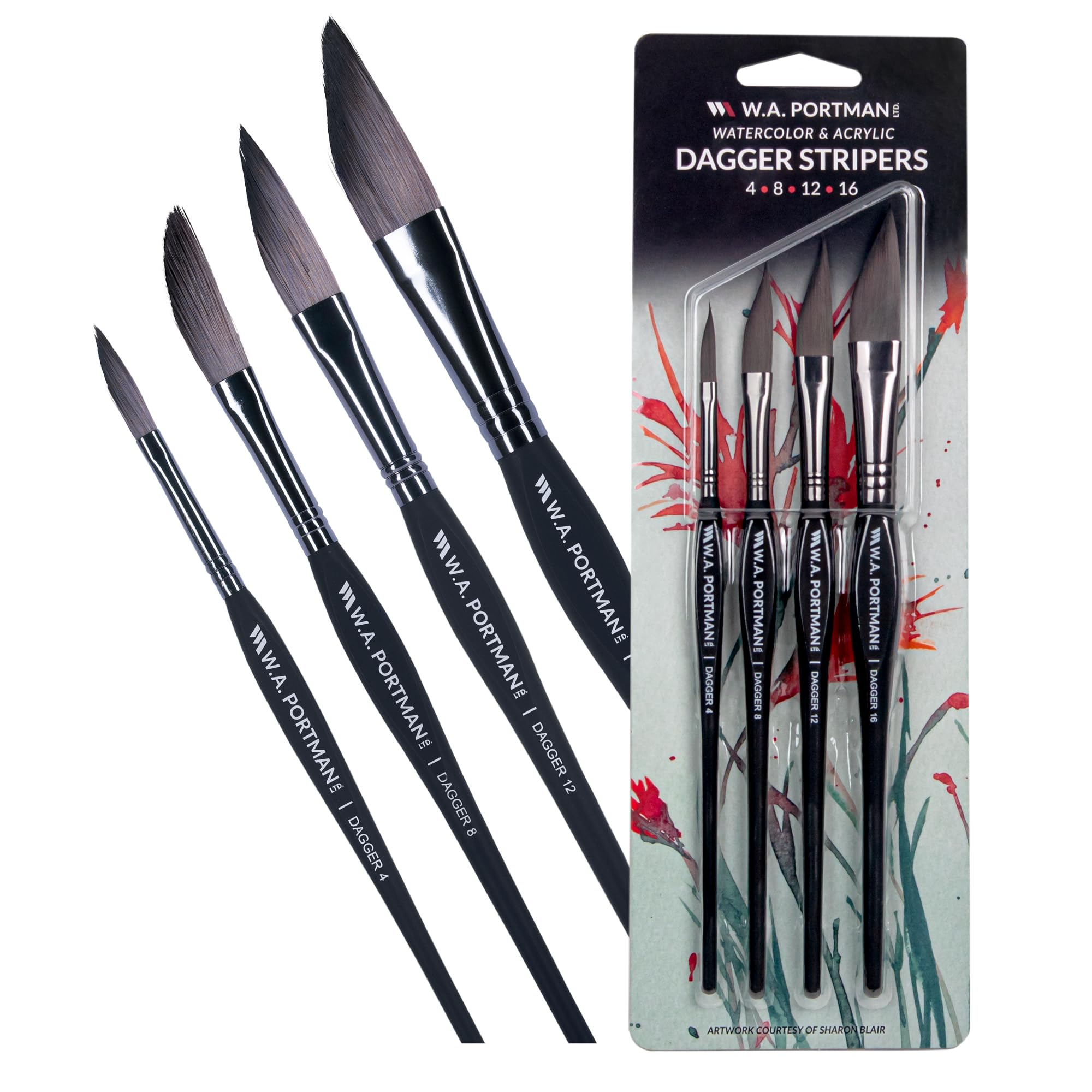 Professional W.A. Portman 4-Piece Dagger Brush Set for Watercolor & Acrylic Painting - Artist-Grade Pinstriping Brushes with Ergonomic Handle - Perfect for Canvas Art, Calligraphy, and Decorative Painting