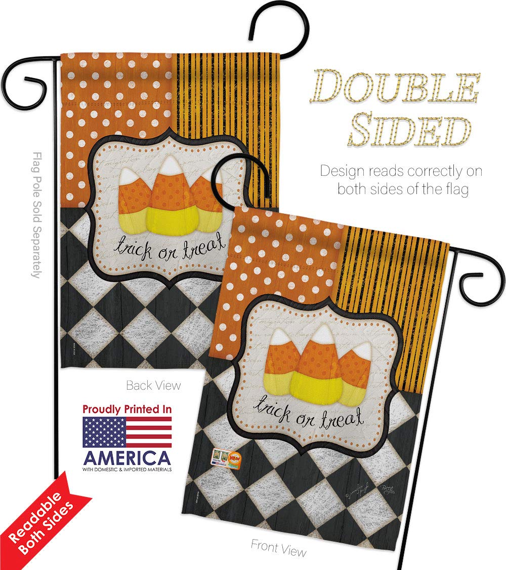 Halloween Trick or Treat Garden Flag Set - Double-Sided Witch, Black Cat & Pumpkin Design - 13x18.5 Inch Fall Decor with Stand - Made in USA - Perfect for Yard, Porch & Seasonal Home Decoration