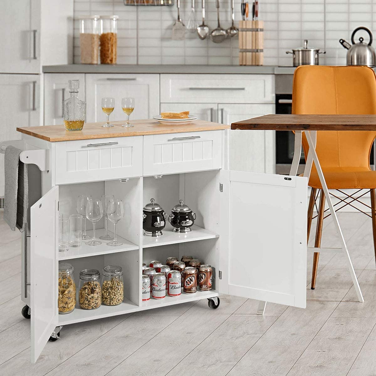 MAT Expert Kitchen Island Cart on Wheels - Rolling Storage Trolley with 2 Drawers, Large Cabinet & Wood Top - White Kitchen Utility Cart for Serving, Prep & Storage - Perfect for Small Kitchens, Dining Rooms & Mobile Cooking Stations