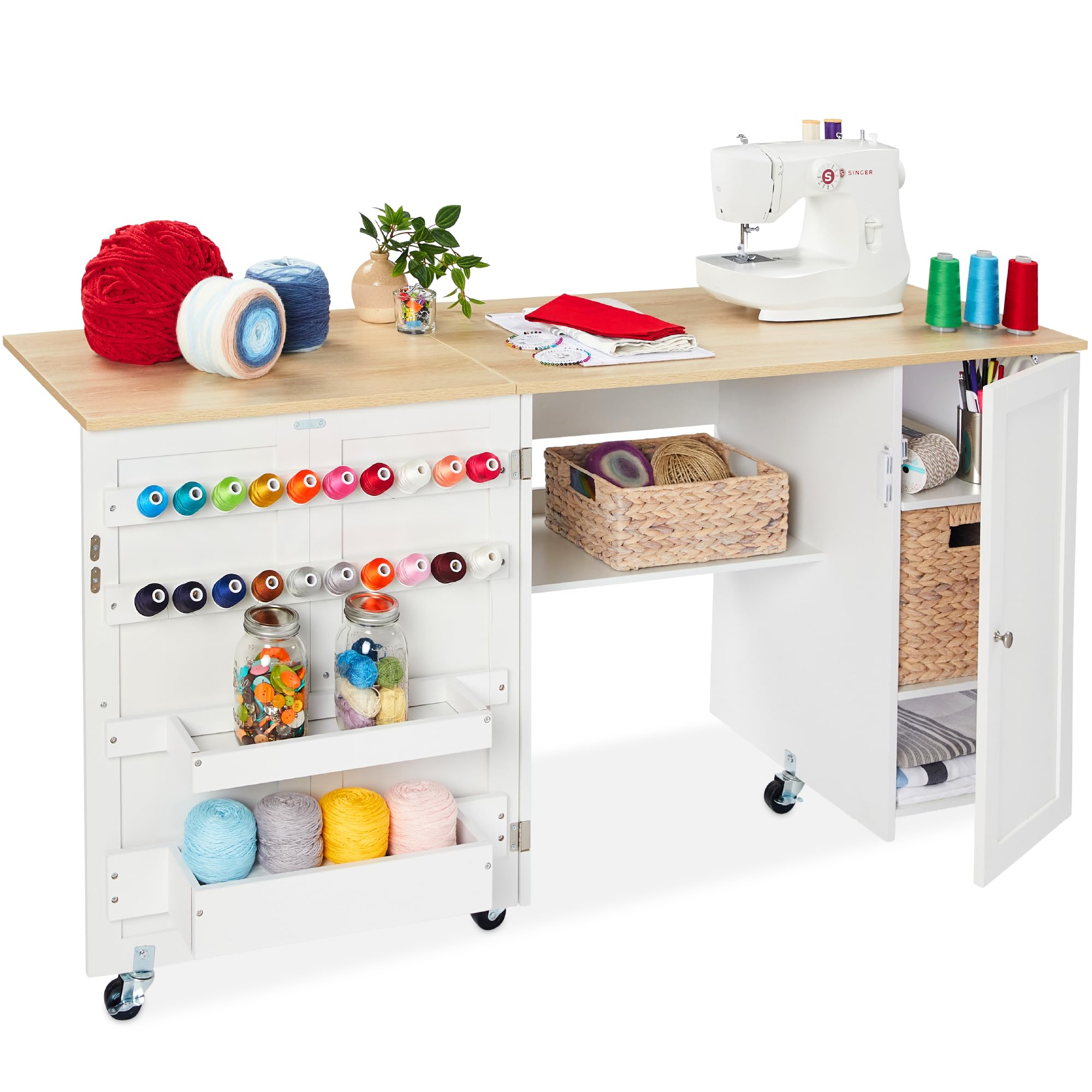 Best Choice Products Large Folding Sewing Table - Portable Craft Station with Storage Shelves, 2 Trays & Magnetic Doors - Natural/White | Perfect for Quilting, Sewing Projects & DIY Crafts at Home