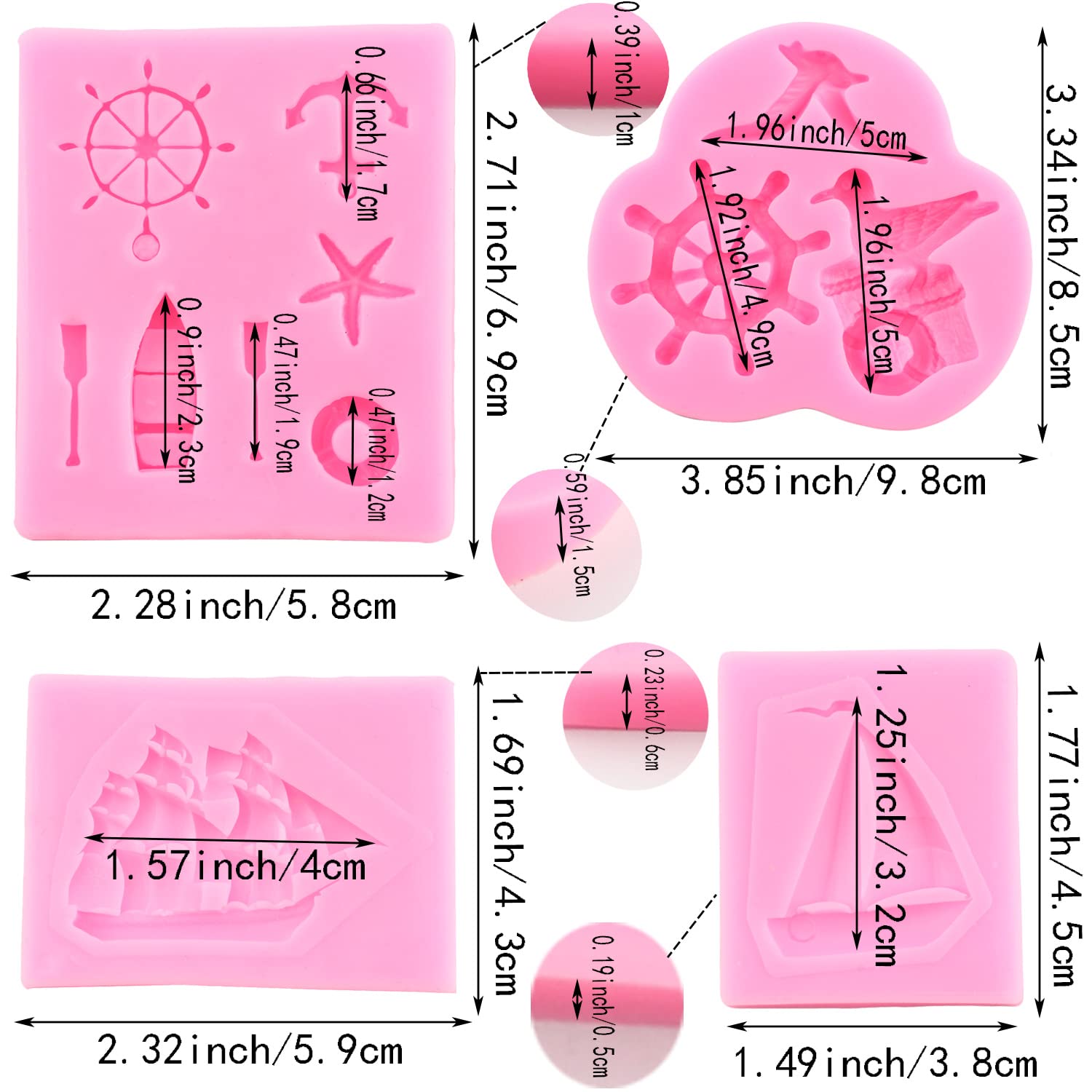 Seagull Rudder Anchor Silicone Mold Set of 4 - Perfect for Pirate Party Cake Decorating, Chocolate Candy & Polymer Clay Crafts - DIY Fondant Molds for Sailboat & Lifebuoy Designs