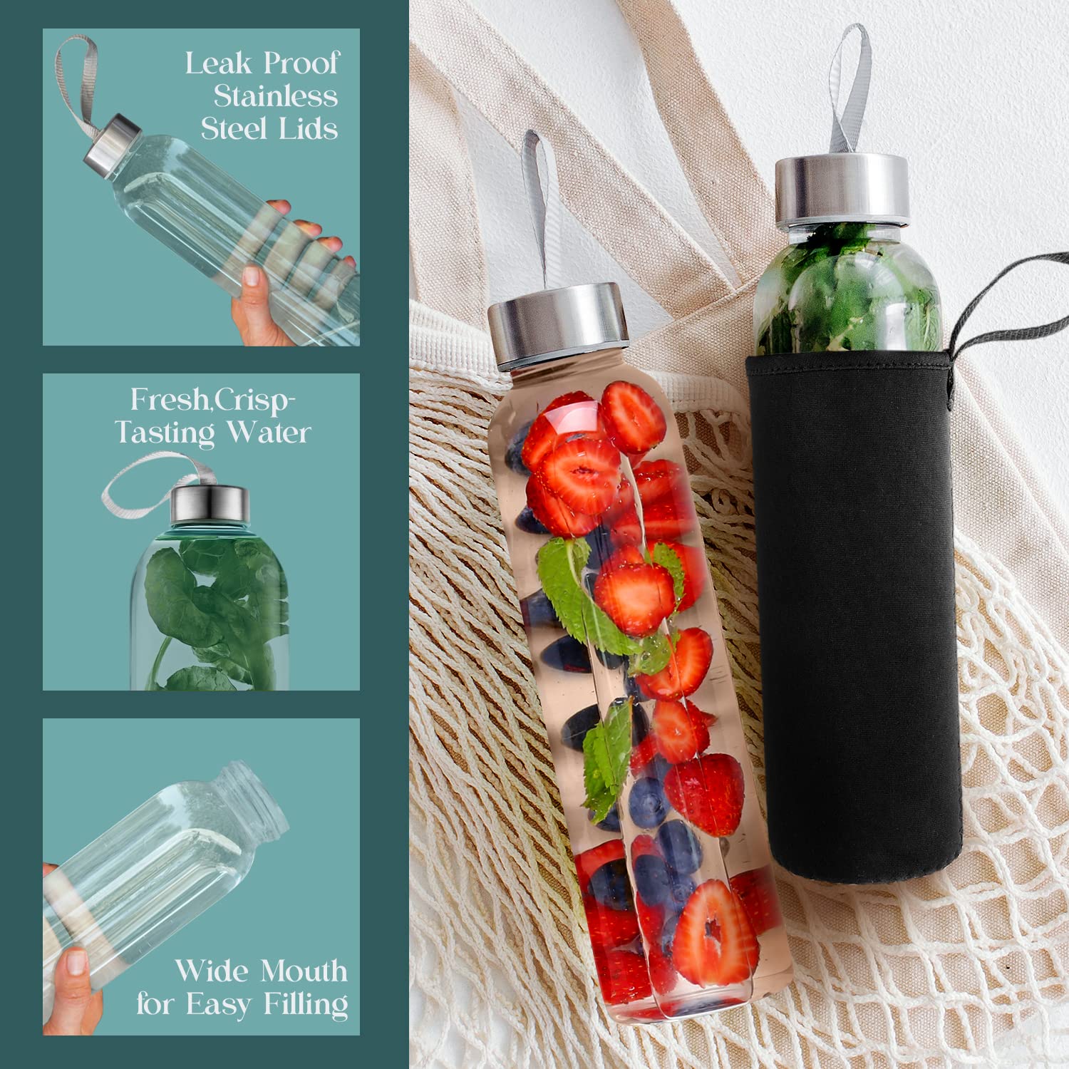 24oz Glass Water Bottles with Nylon Sleeves - 6 Pack BPA Free, Leak Proof & Portable - Ideal for Water, Juice, Smoothies at Home, Gym or Outdoor Activities