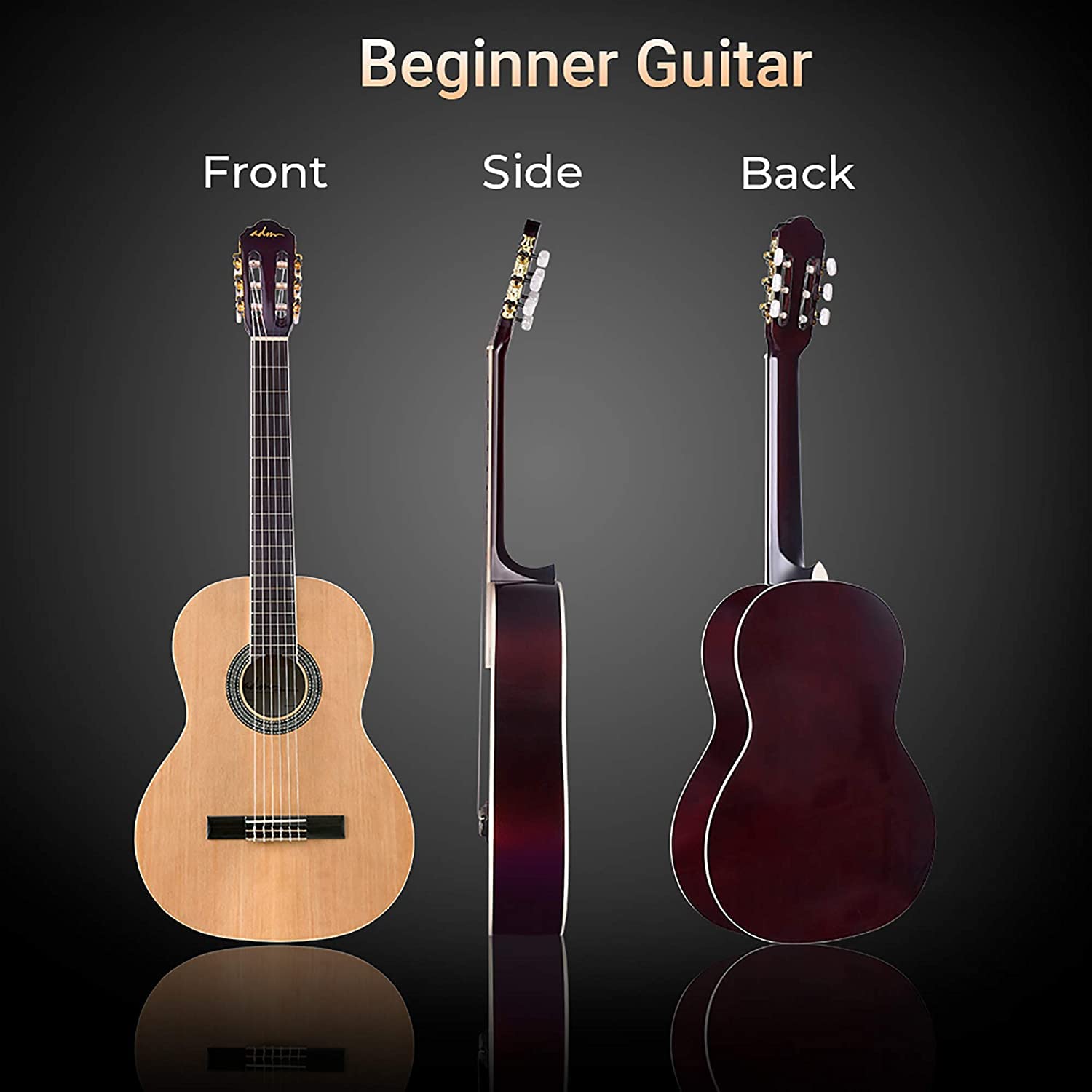 ADM Full Size Classical Acoustic Guitar with Nylon Strings (29 x 75 x 50mm) - Complete Starter Bundle for Adults & Beginners Including Gig Bag, Tuner, Footstool & Free Lessons - Perfect for Home Practice, Music Classes & Performances