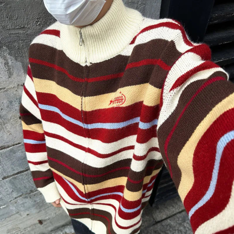 Men's Striped Zipper Knit Cardigan Sweater Jacket - Loose Fit Turtleneck Pullover for Spring 2025 | Casual Wear, Date Night & Couple Outfits | American Fashion 9C9259