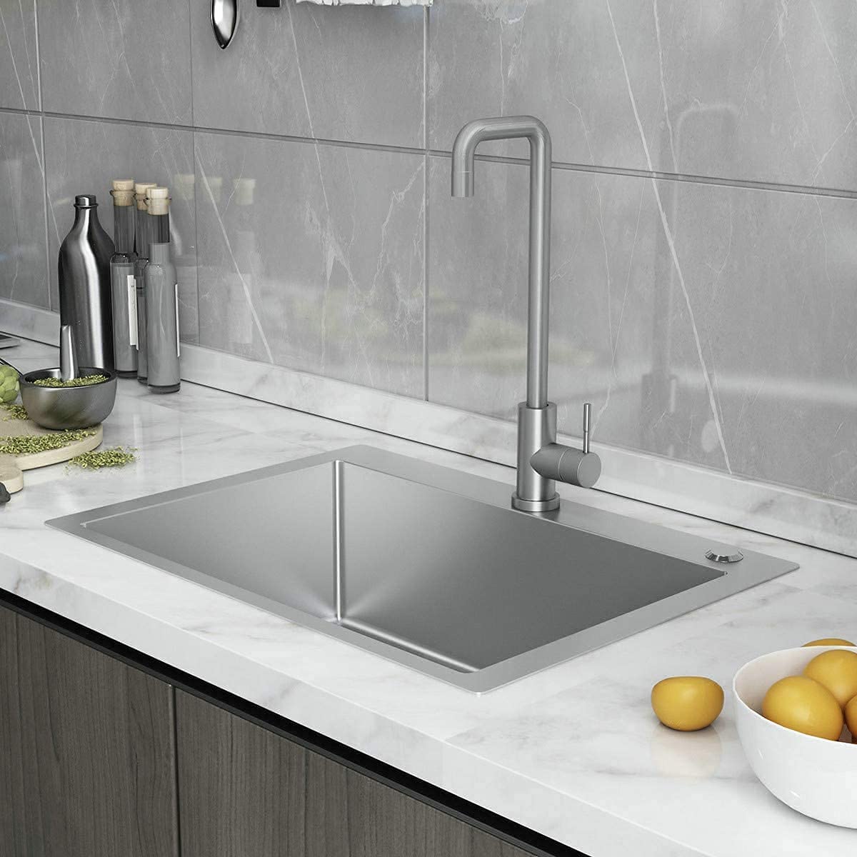 24Inx18In Stainless Steel Kitchen Sink - 12 Gauge Brushed Single Bowl Drop-in/Top-Mount with Faucet & Drain Kit (Model BS29) - Perfect for Small Kitchens, Apartments & RV Remodels