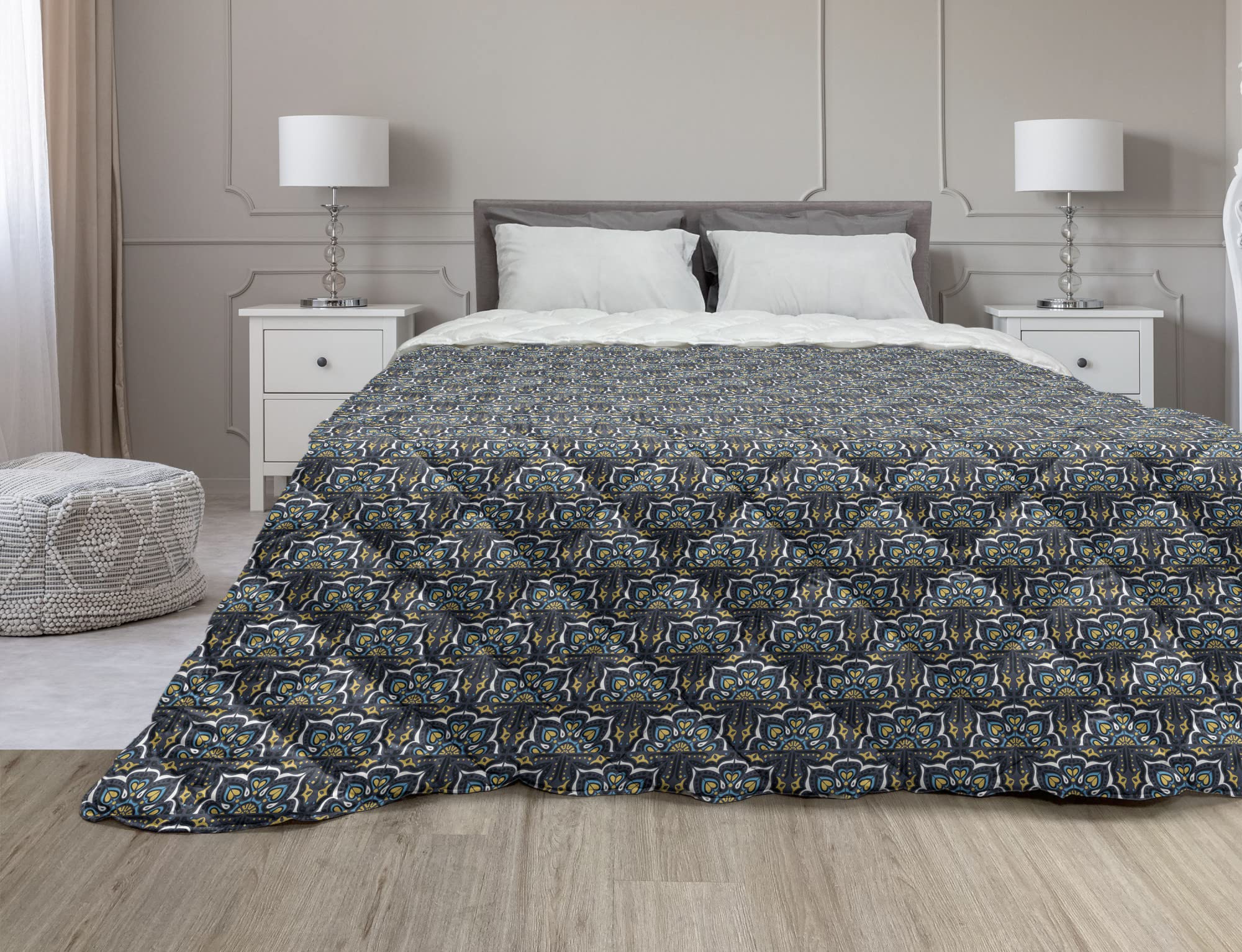 Ambesonne Azulejo Down Alternative Comforter - Twin Size Blue Yellow Grey Floral Talavera Ethnic Geometric Print Microfiber All-Season Quilt | Perfect for Bedroom Decor, Guest Room, Dorm & Cozy Home Styling