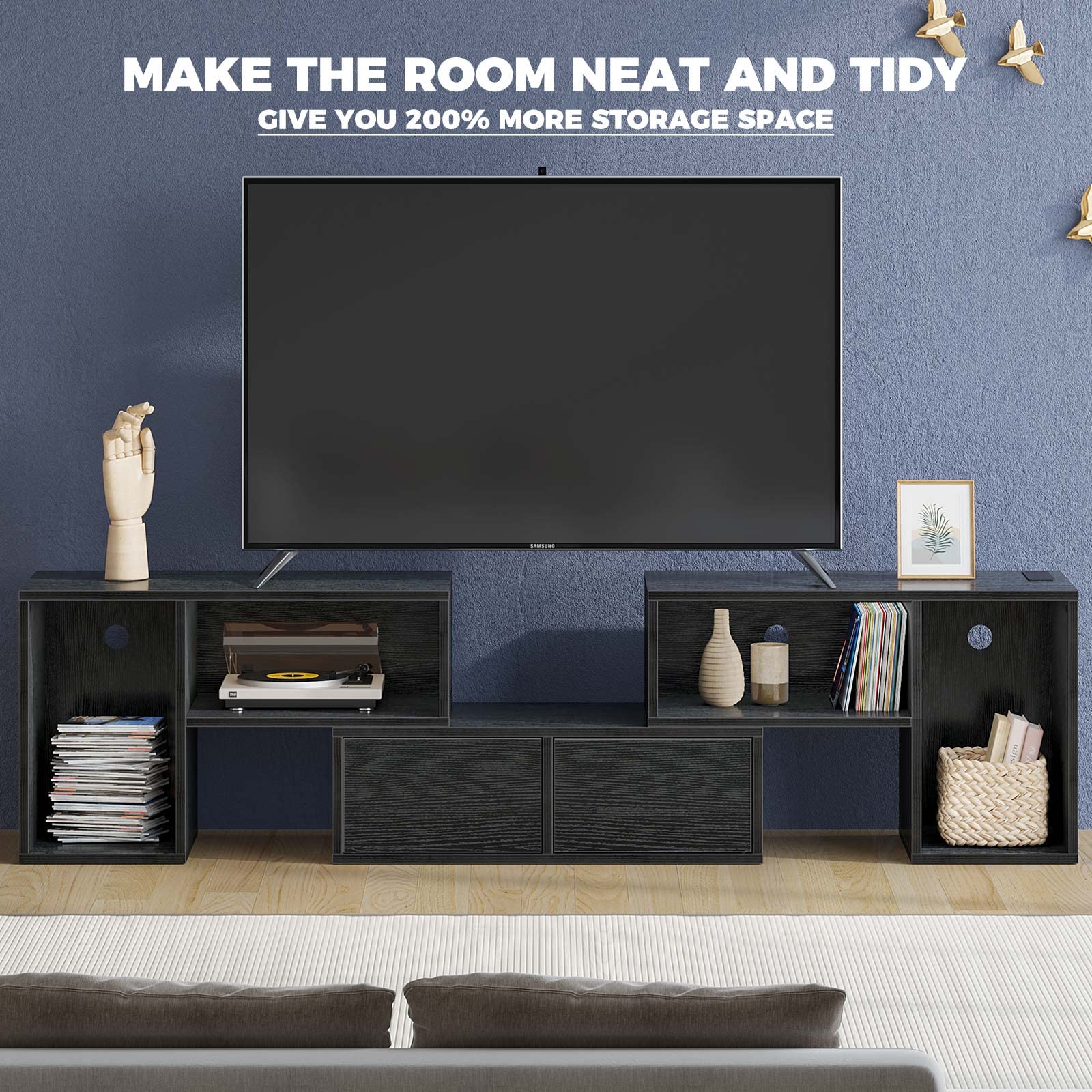 Rolanstar Modern TV Stand with Power Outlets & LED Lights - Adjustable Entertainment Center for 45-70 Inch TVs - 3-Piece Set with 2 Storage Cabinets & Open Shelves (Black) - Perfect for Living Room, Bedroom & Home Theater Setup