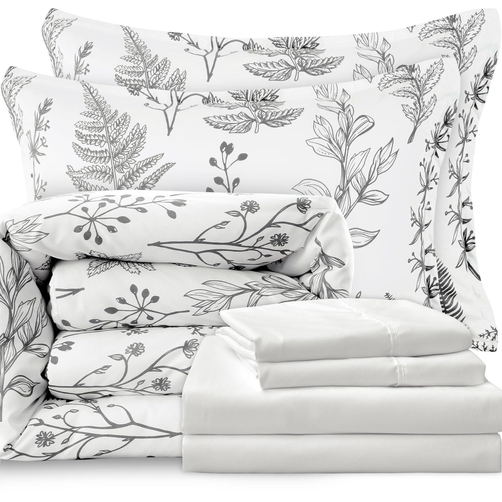 PHF 7-Piece King Comforter Set - Ultra Soft Reversible Botanical Bedding | Includes Comforter, Pillow Shams, Flat Sheet, Fitted Sheet & Pillowcases | Perfect for Master Bedroom, Guest Room & Cozy Home Decor | White
