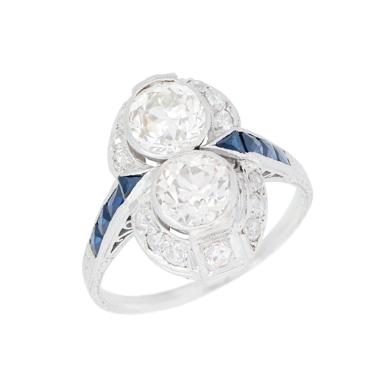 Edwardian Platinum French Diamond and Sapphire Ring - Vintage Antique Engagement Wedding Ring for Women - Perfect for Bridal, Anniversary & Special Occasion Gifts