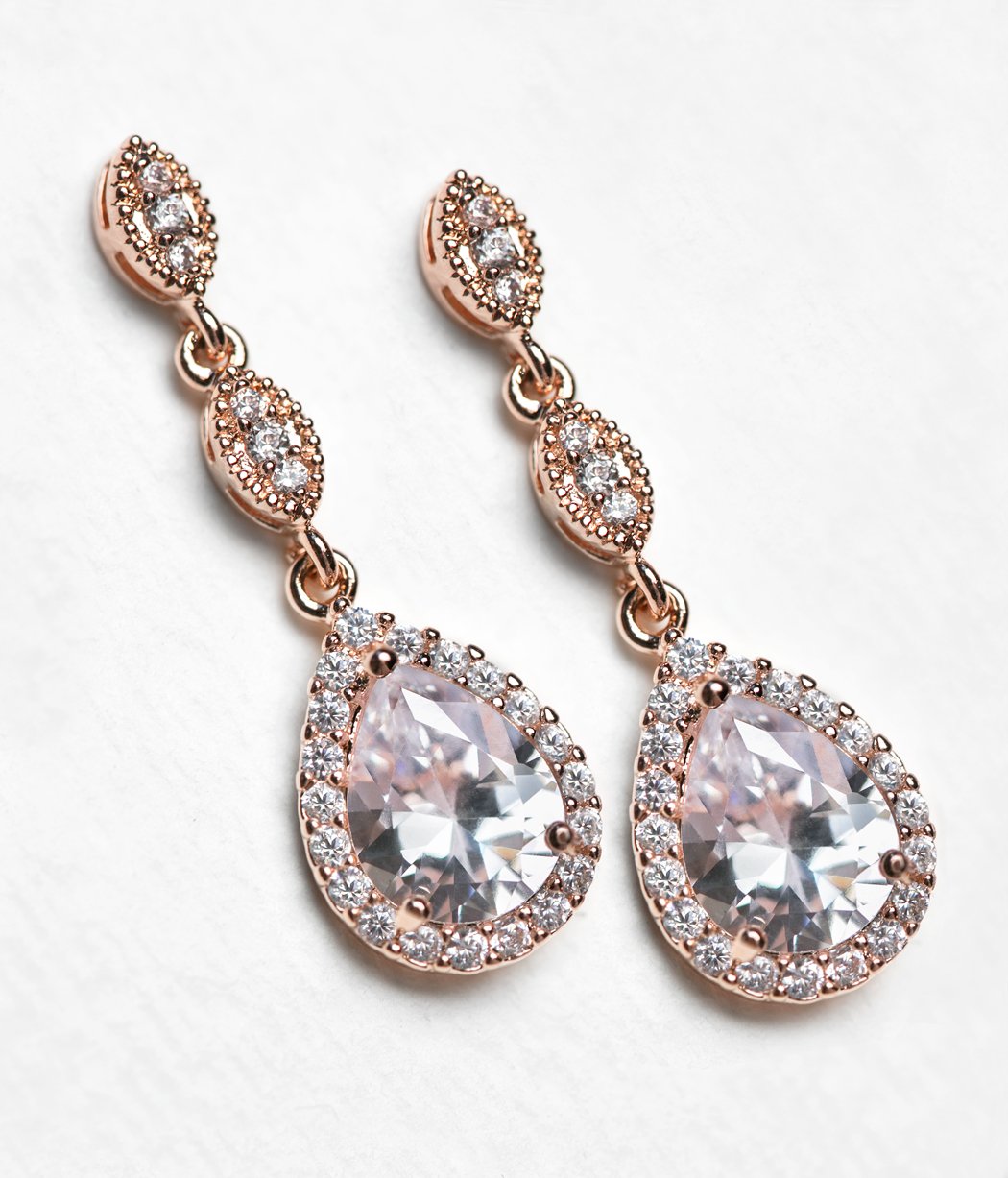 A+O Bridesmaid Earrings - Teardrop Cubic Zirconia Crystal Earrings in Silver, Gold, Rose Gold - Perfect for Weddings, Parties & Special Occasions