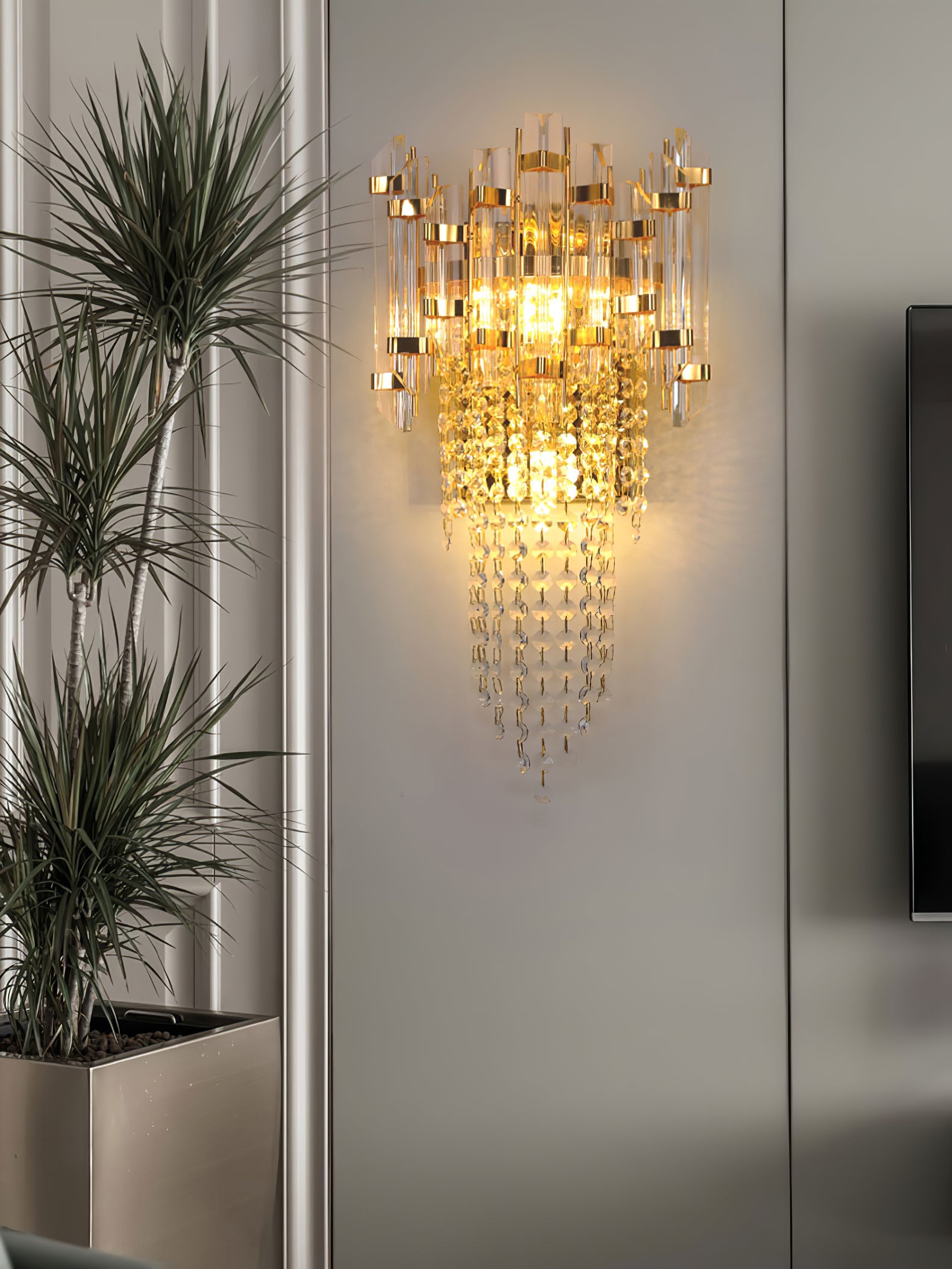 Crystal Tiered Wall Sconce - Elegant Clear Glass Light Fixture for Living Room, Bedroom, or Hallway Decor