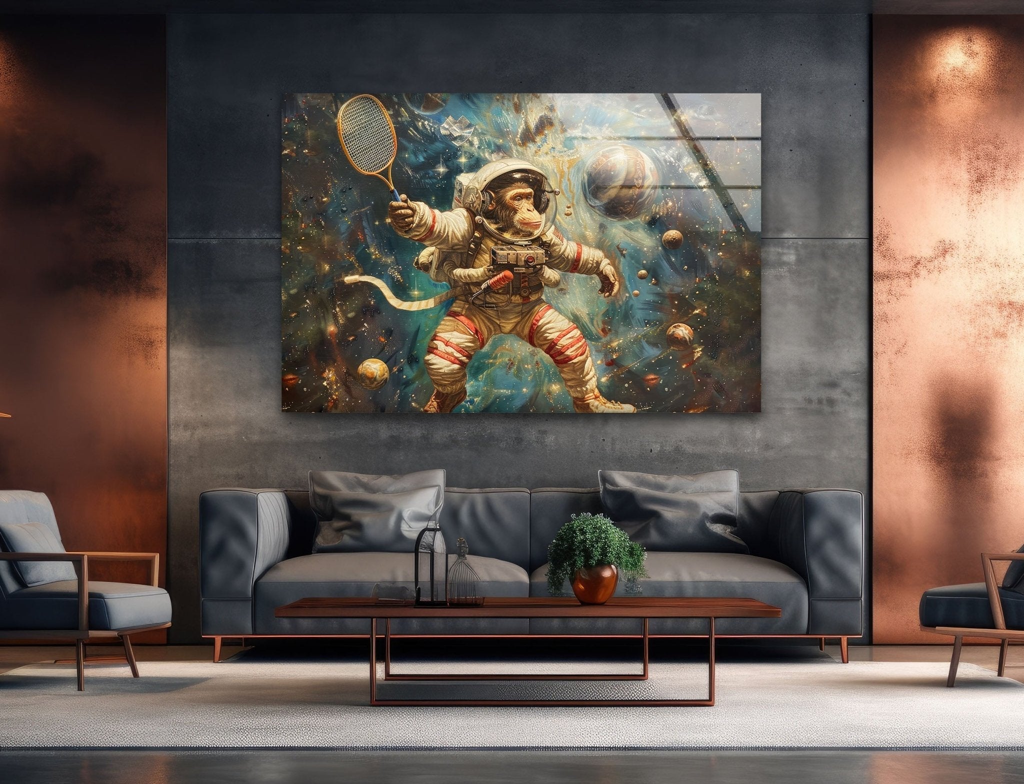 Astronaut Monkey Glass Wall Art - Unique Space Themed Home Decor for Living Room, Bedroom & Office - Perfect Gift for Sci-Fi & Space Lovers