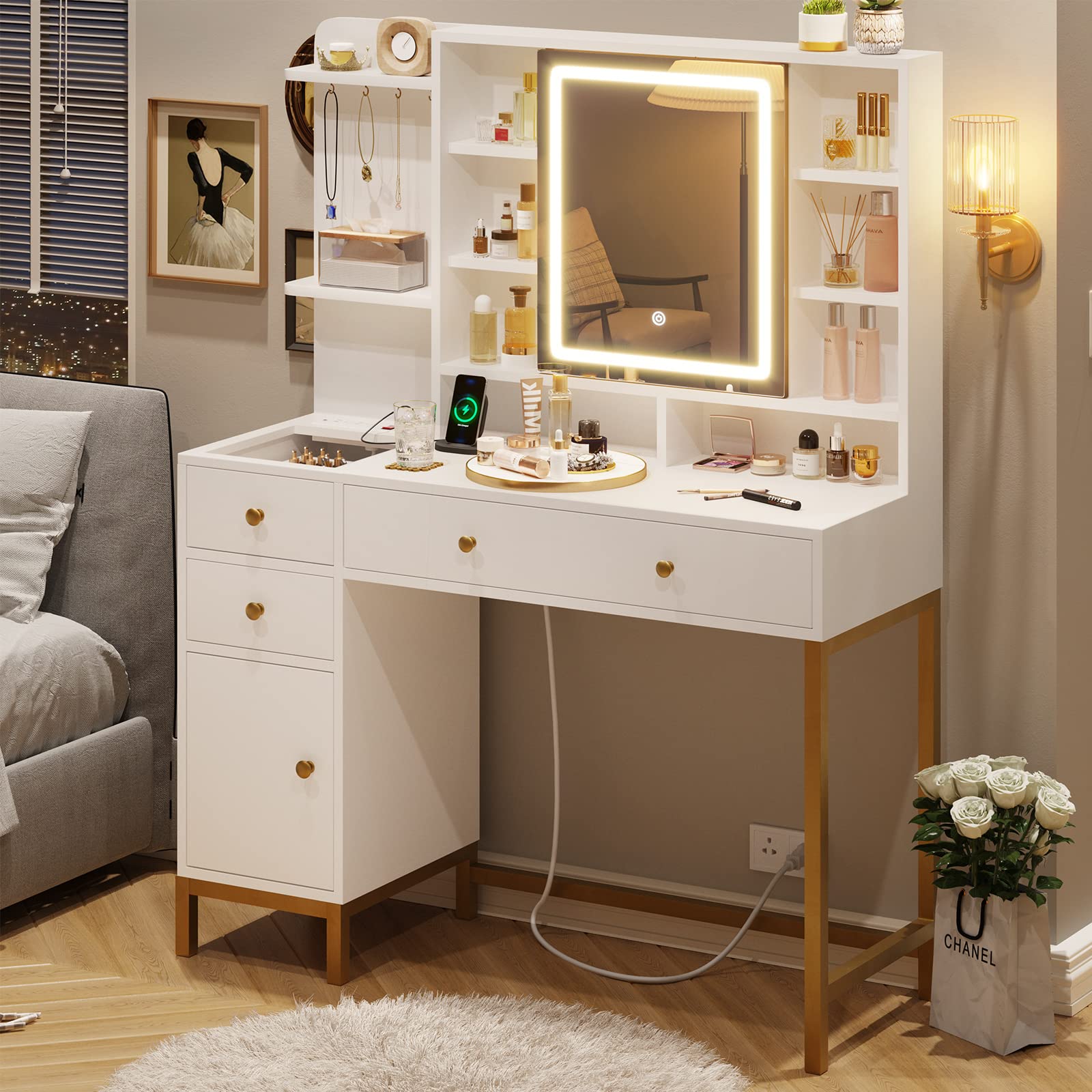 VIAGDO White Vanity Desk with LED Lights - Makeup Vanity Table with Openable Mirror, Charging Station, 4 Drawers & Storage Shelves - Perfect for Bedroom, Dressing Room & Beauty Salon Organization