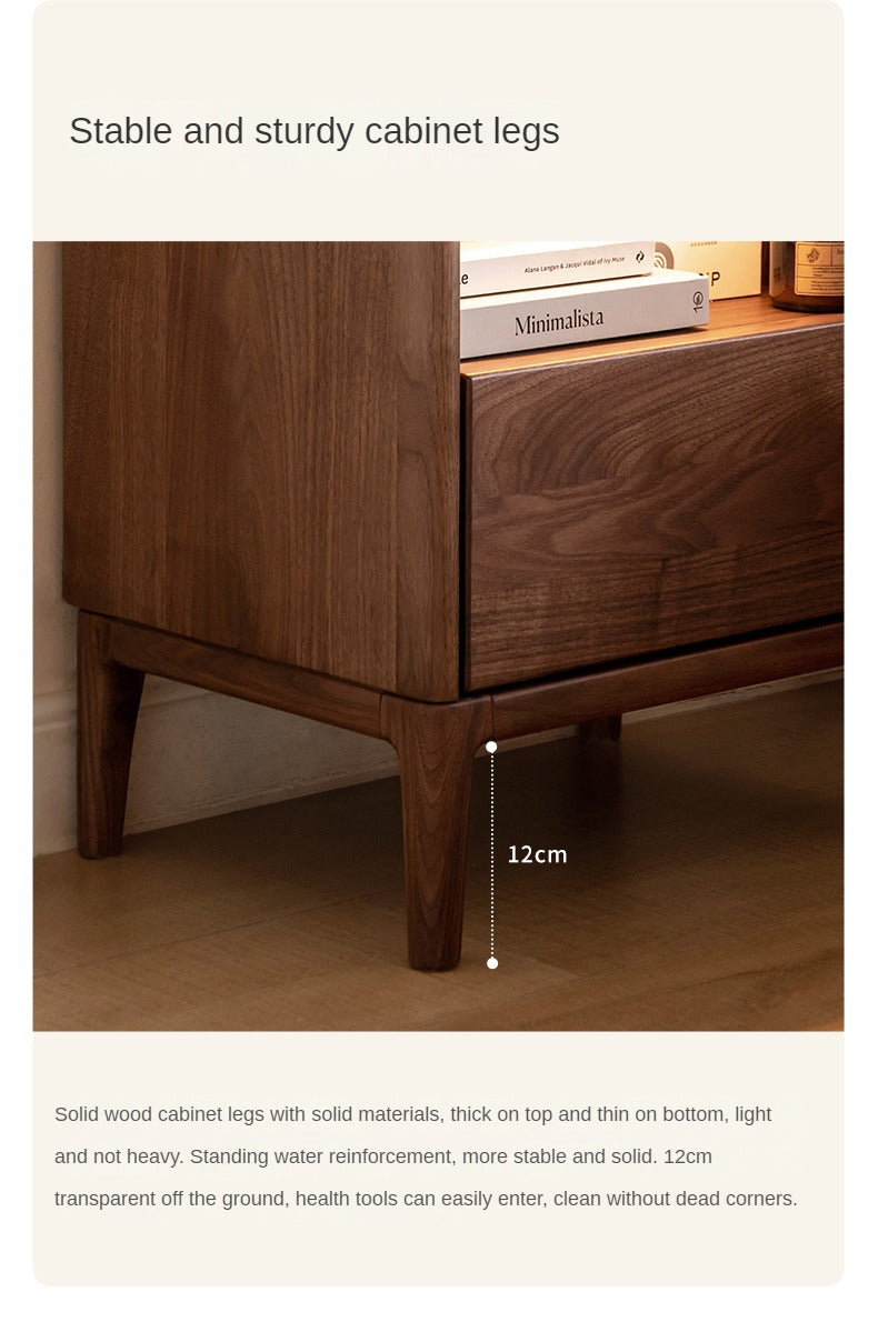 Premium Black Walnut & Ash Solid Wood Nightstand with Built-in Light - Modern Bedside Table for Bedroom Decor & Small Space Storage