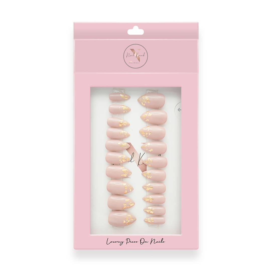 Premium Fake Press-On Nails - Almond Gold Foil Set of 20 | Reusable Full Coverage Artificial Nails with UV Gel Polish | Easy to Use & Time-Saving for Parties, Weddings, Date Nights & Daily Wear | NailKnack® Stick-On Nail Extensions for Both Hands